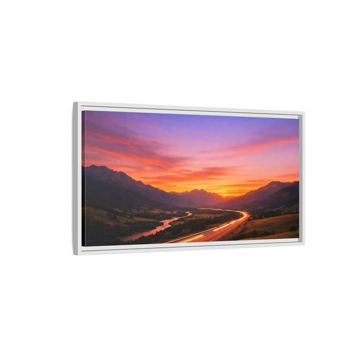 Landscape Nature Mountain Highway Purple Orange - Framed Canvas Wall Art Print - YesArtYes