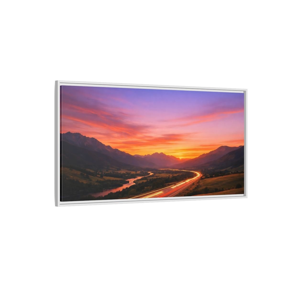 Landscape Nature Mountain Highway Purple Orange - Framed Canvas Wall Art Print - YesArtYes