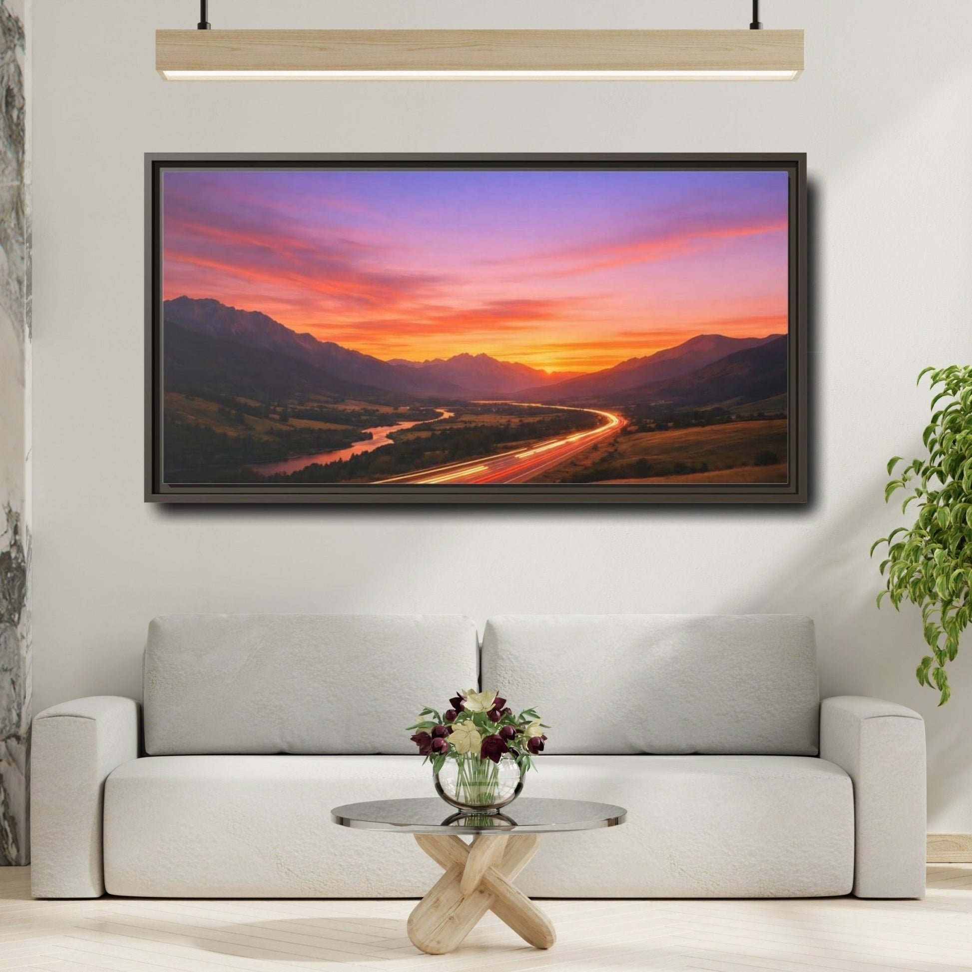 Landscape Nature Mountain Highway Purple Orange - Framed Canvas Wall Art Print - YesArtYes