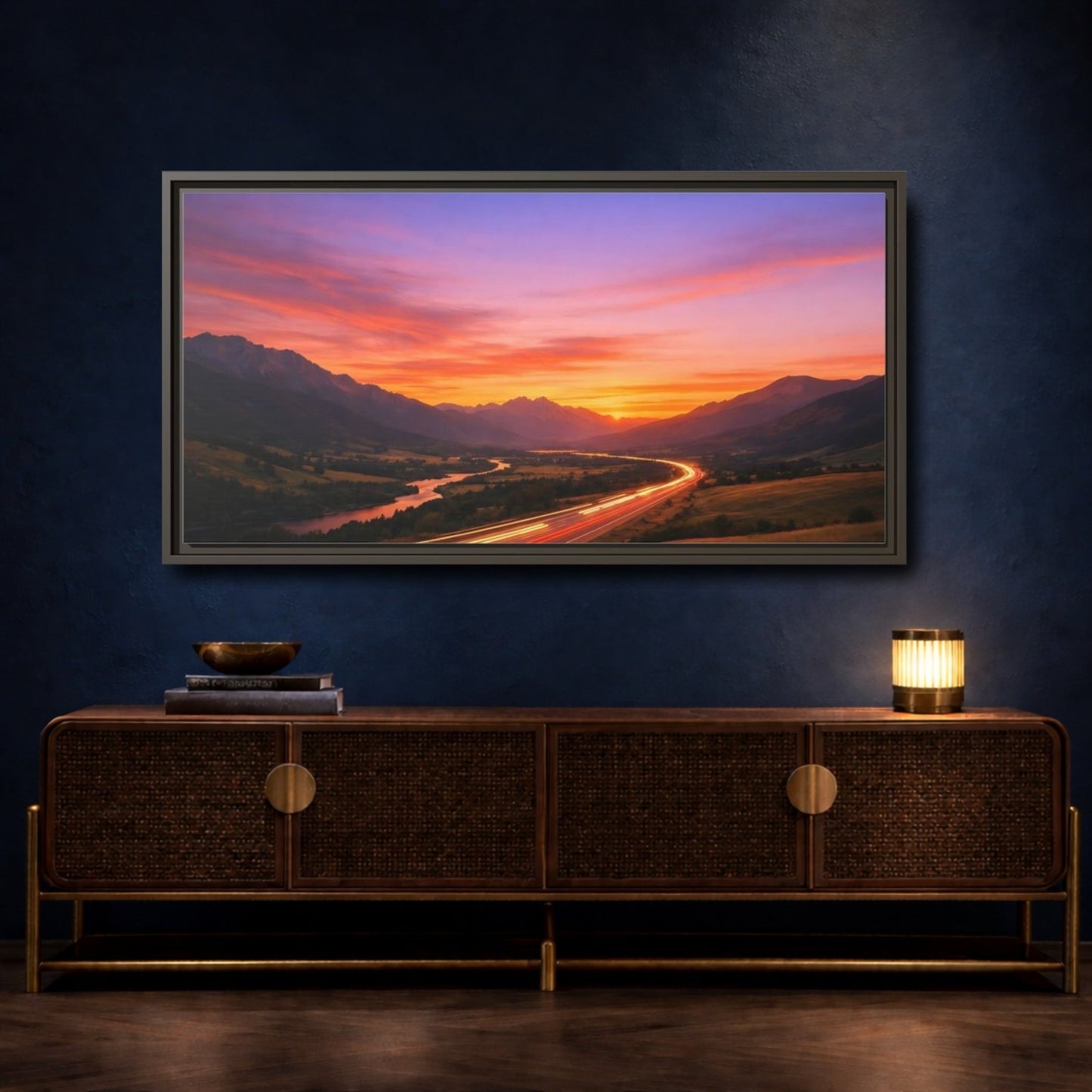 Landscape Nature Mountain Highway Purple Orange - Framed Canvas Wall Art Print - YesArtYes