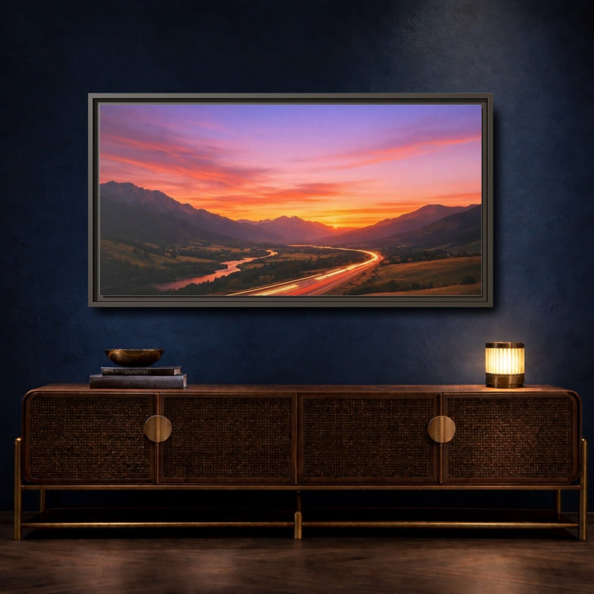 Landscape Nature Mountain Highway Purple Orange - Framed Canvas Wall Art Print - YesArtYes