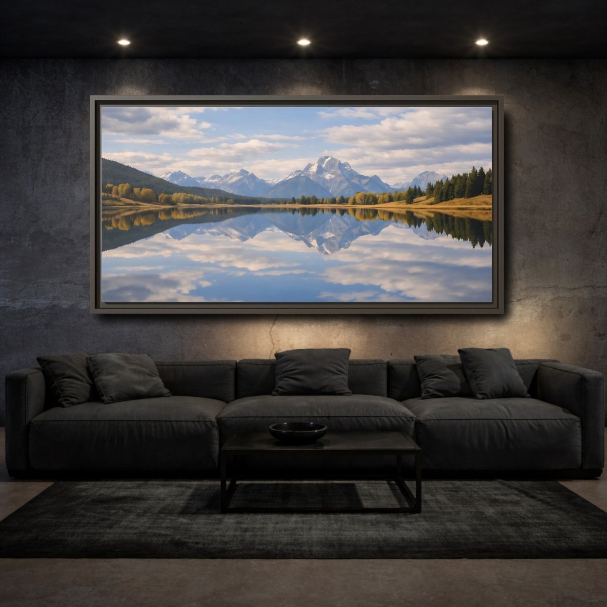 Landscape Nature Mountain Lake Blue And - Framed Canvas Wall Art Print - YesArtYes