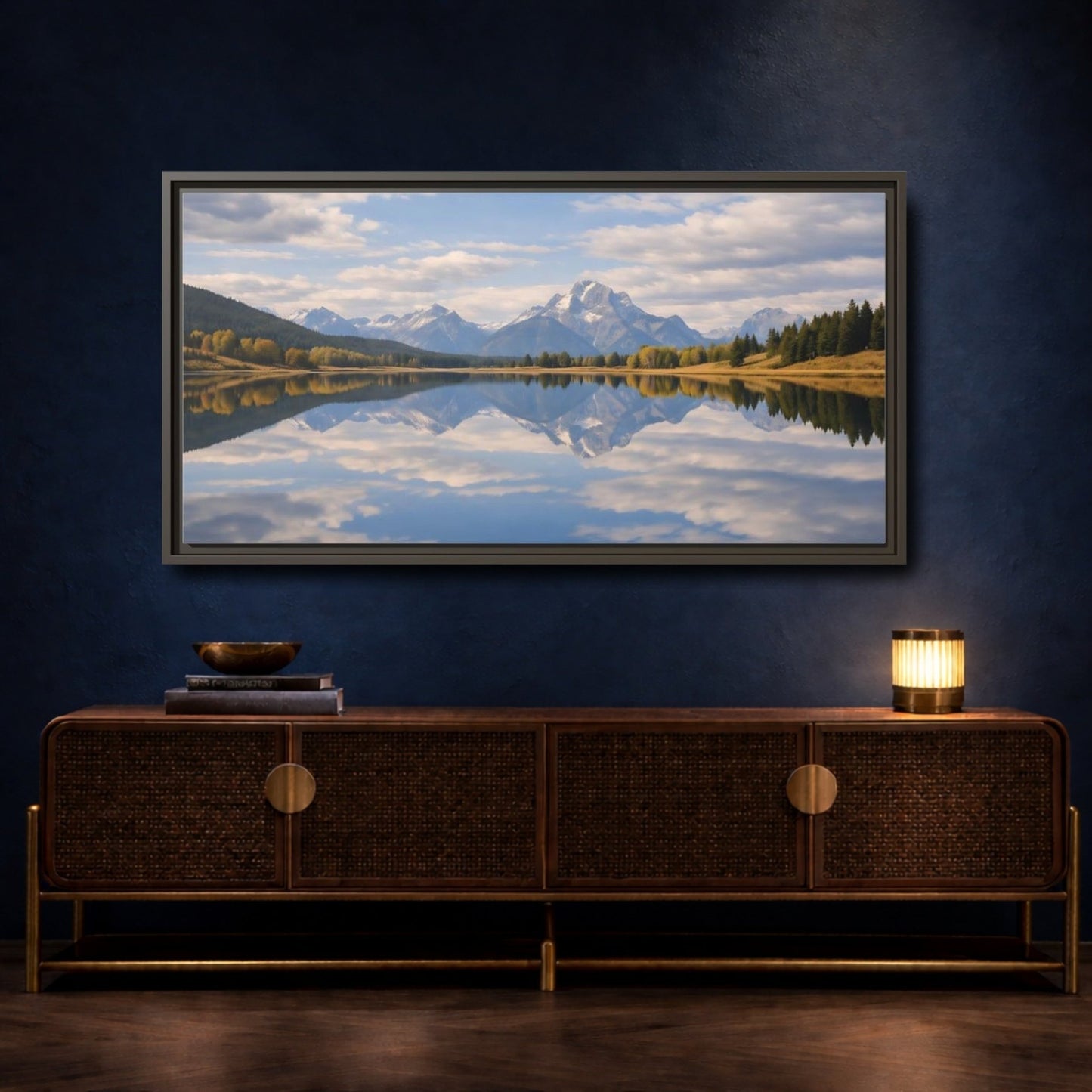 Landscape Nature Mountain Lake Blue And - Framed Canvas Wall Art Print - YesArtYes