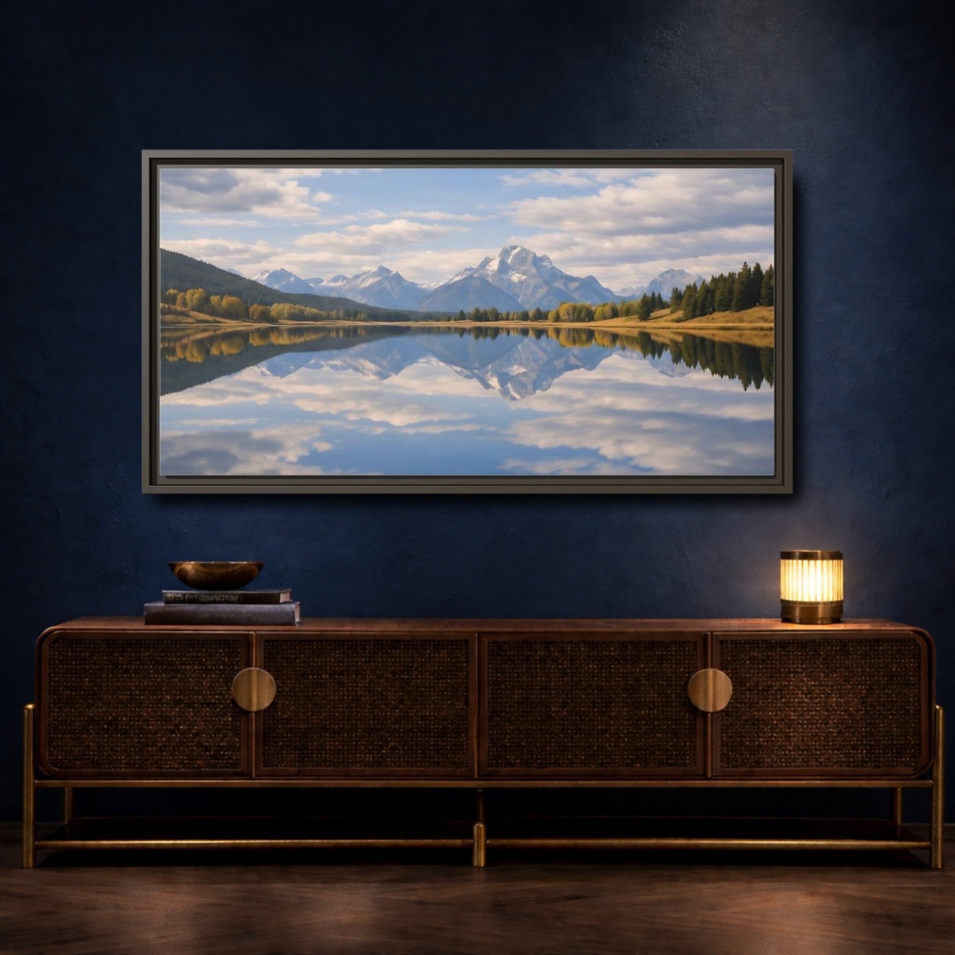 Landscape Nature Mountain Lake Blue And - Framed Canvas Wall Art Print - YesArtYes