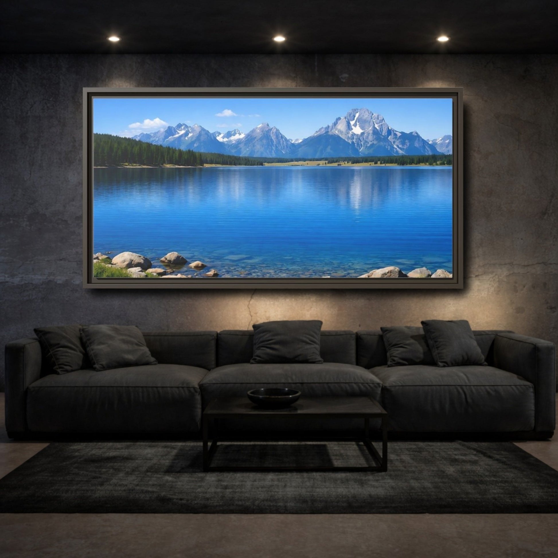 Landscape Nature Mountain Lake Blue - Framed Canvas Wall Art Print - YesArtYes