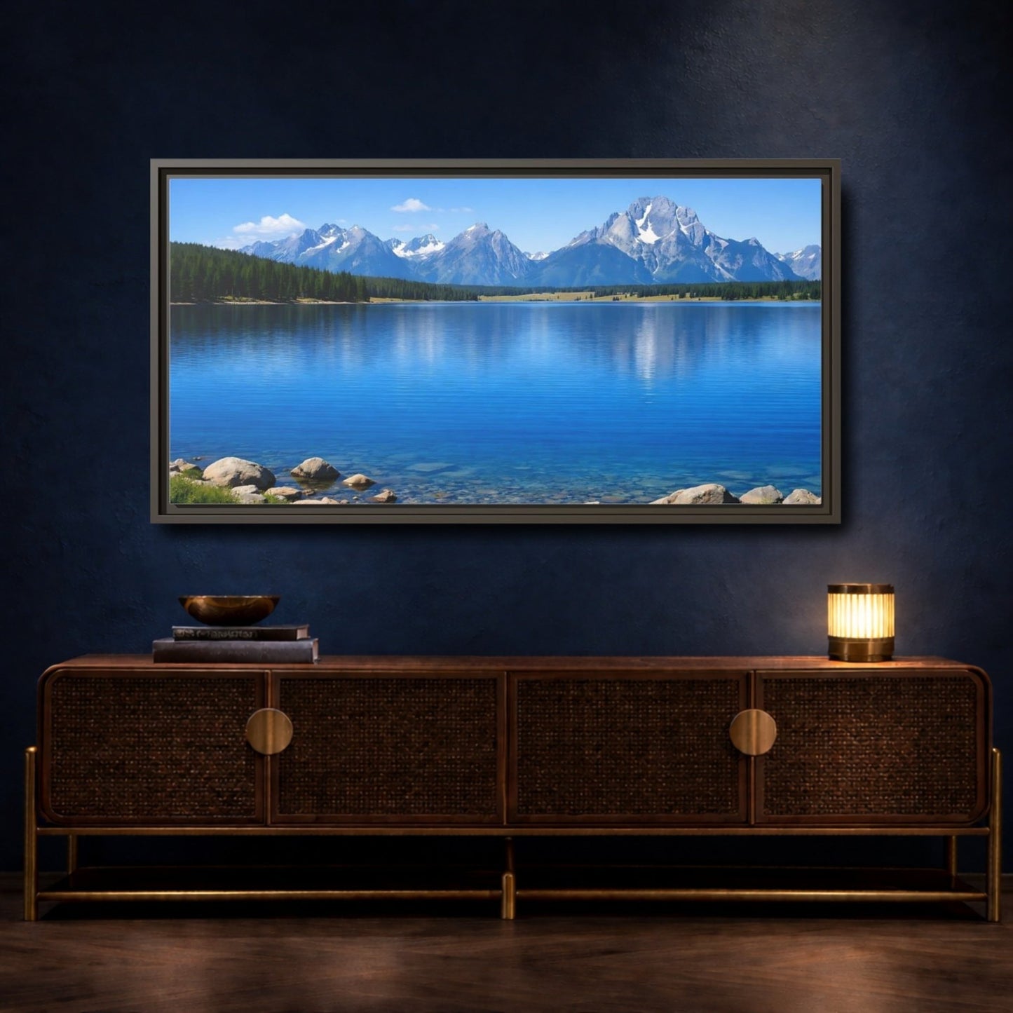 Landscape Nature Mountain Lake Blue - Framed Canvas Wall Art Print - YesArtYes
