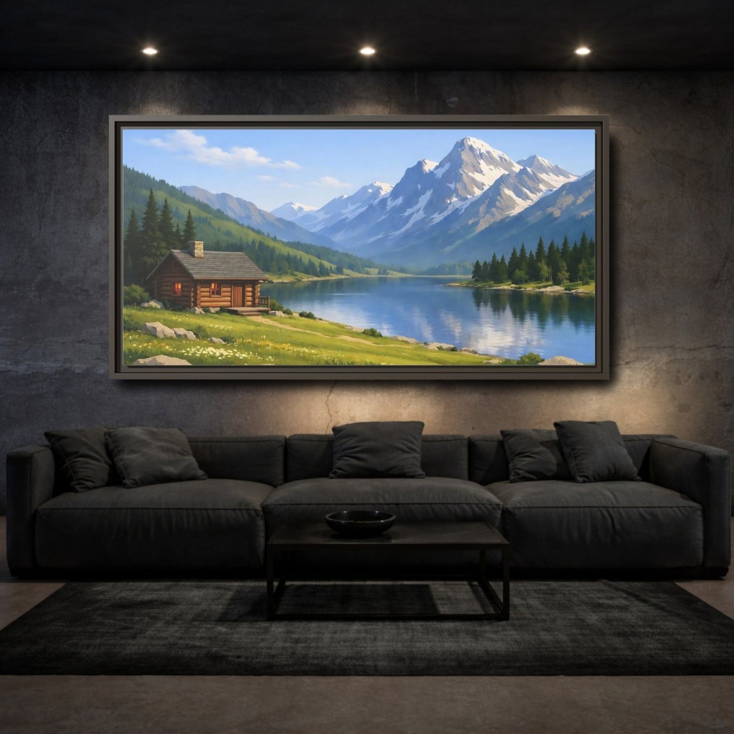 Landscape Nature Mountain Lake Cabin - Framed Canvas Wall Art Print - YesArtYes