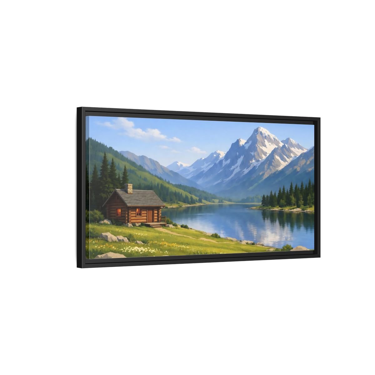 Landscape Nature Mountain Lake Cabin - Framed Canvas Wall Art Print - YesArtYes
