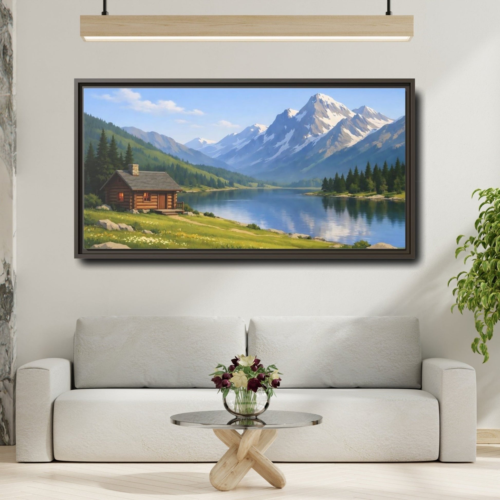 Landscape Nature Mountain Lake Cabin - Framed Canvas Wall Art Print - YesArtYes
