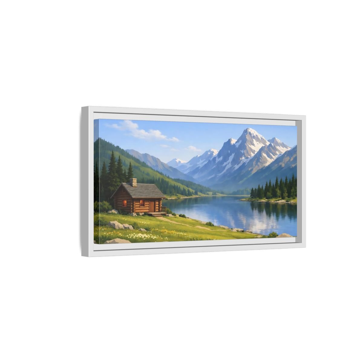 Landscape Nature Mountain Lake Cabin - Framed Canvas Wall Art Print - YesArtYes