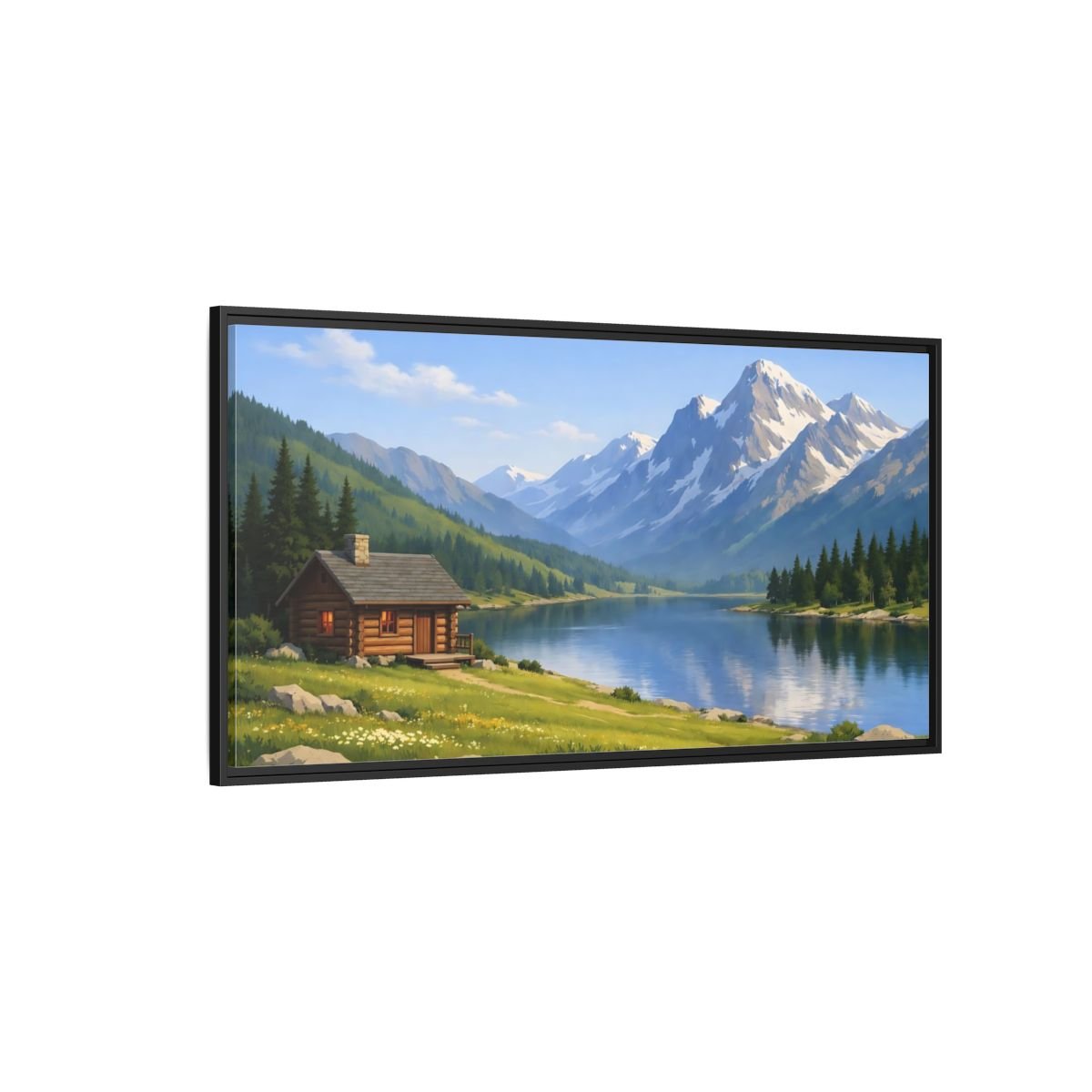 Landscape Nature Mountain Lake Cabin - Framed Canvas Wall Art Print - YesArtYes