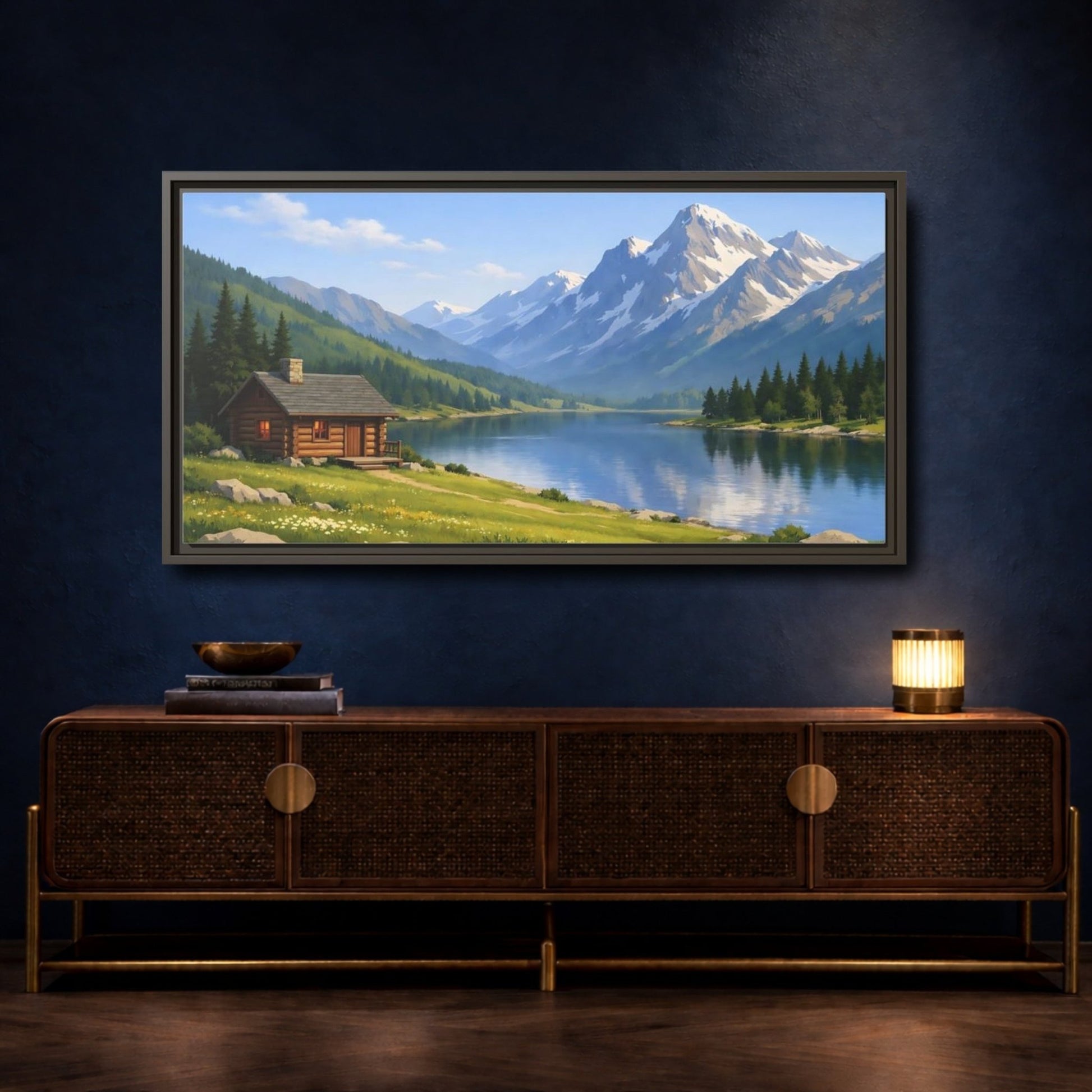 Landscape Nature Mountain Lake Cabin - Framed Canvas Wall Art Print - YesArtYes