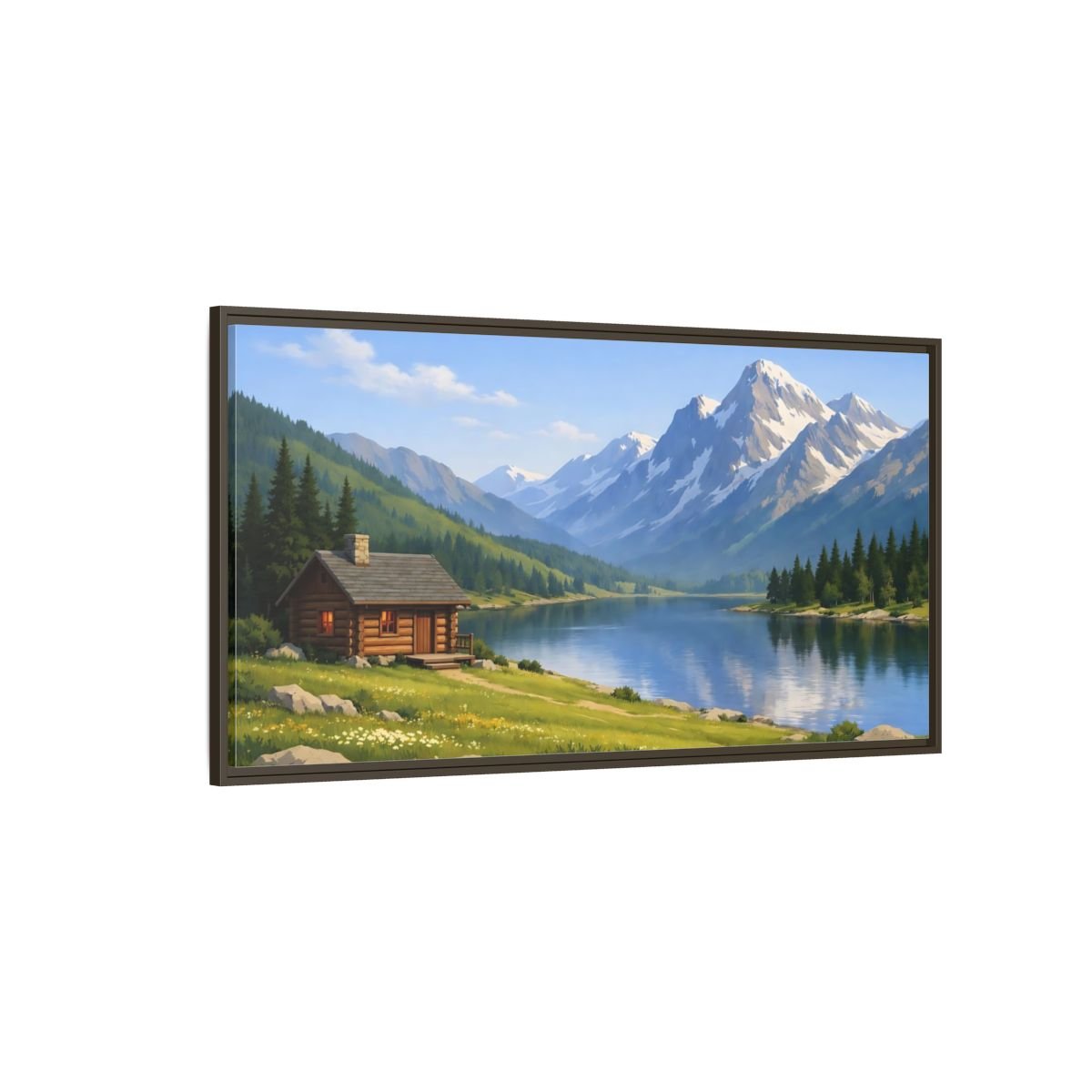Landscape Nature Mountain Lake Cabin - Framed Canvas Wall Art Print - YesArtYes