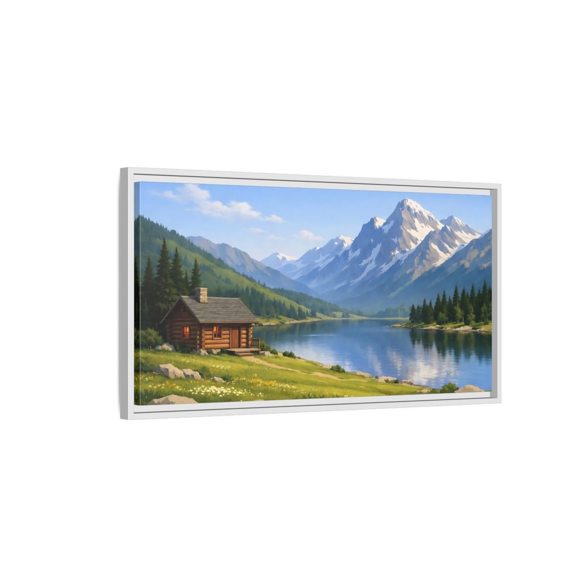 Landscape Nature Mountain Lake Cabin - Framed Canvas Wall Art Print - YesArtYes
