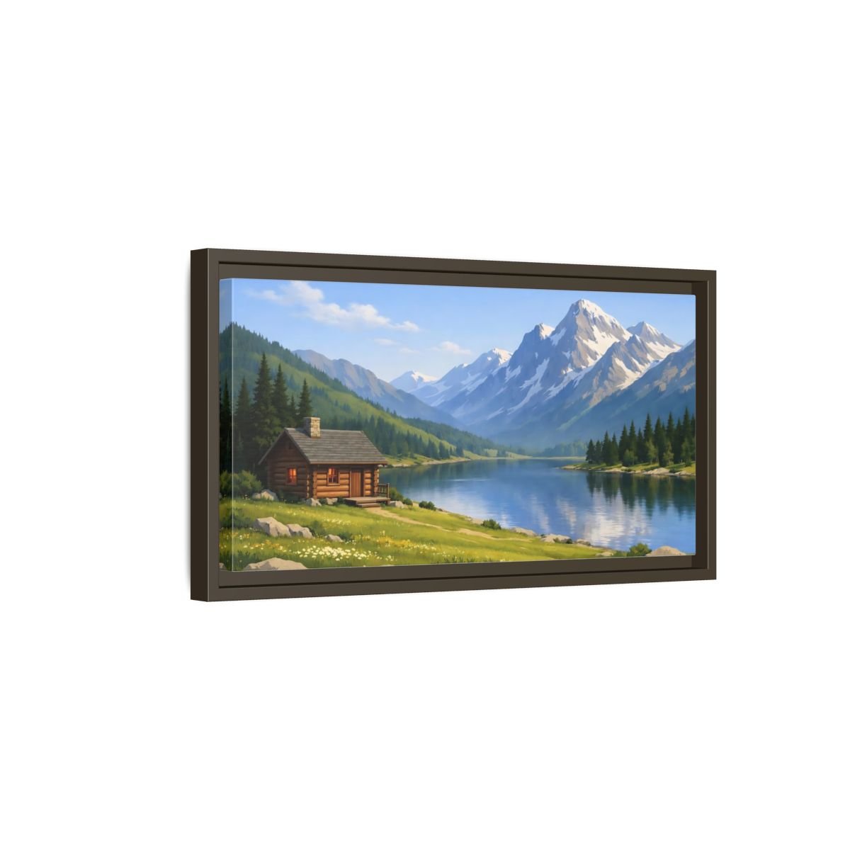 Landscape Nature Mountain Lake Cabin - Framed Canvas Wall Art Print - YesArtYes