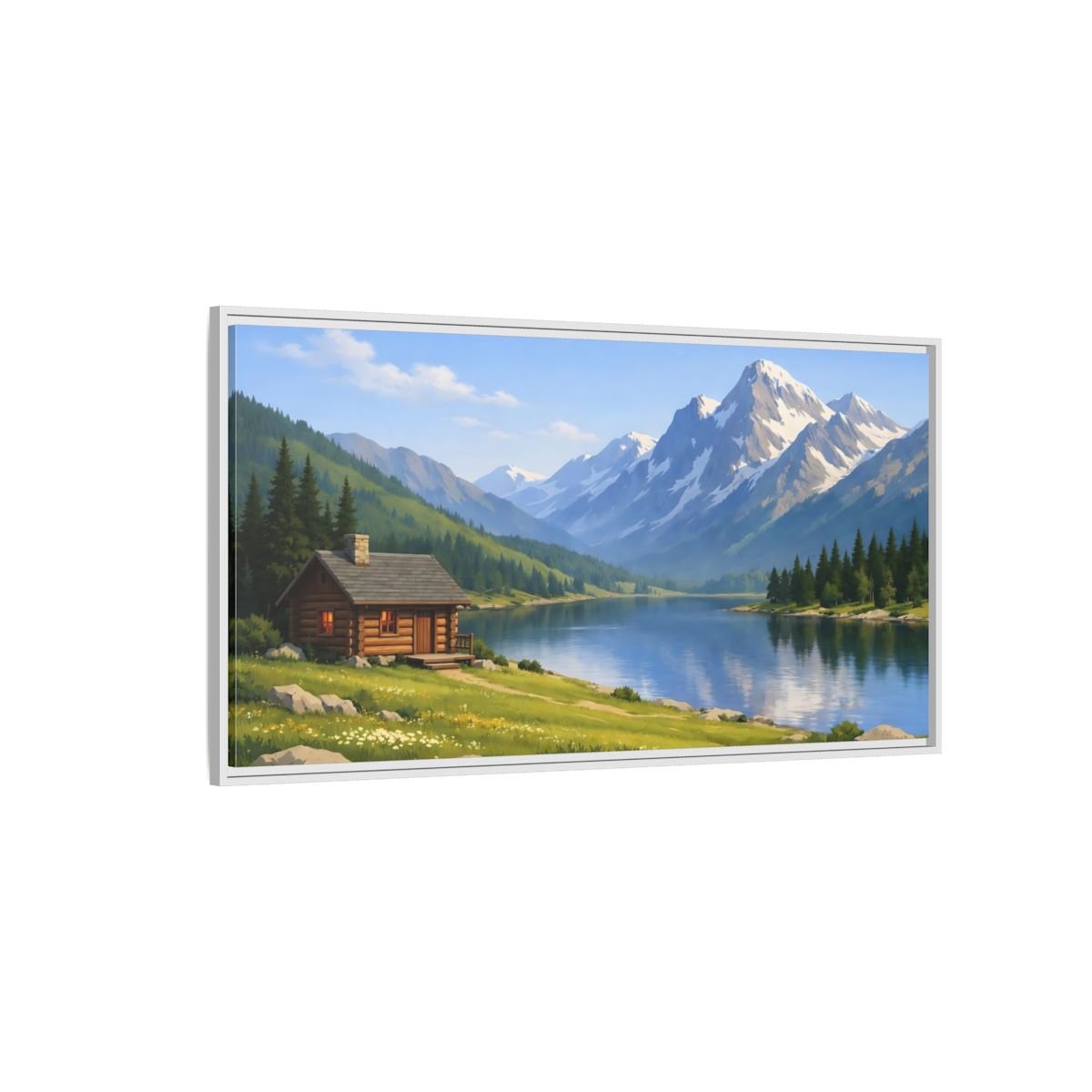 Landscape Nature Mountain Lake Cabin - Framed Canvas Wall Art Print - YesArtYes
