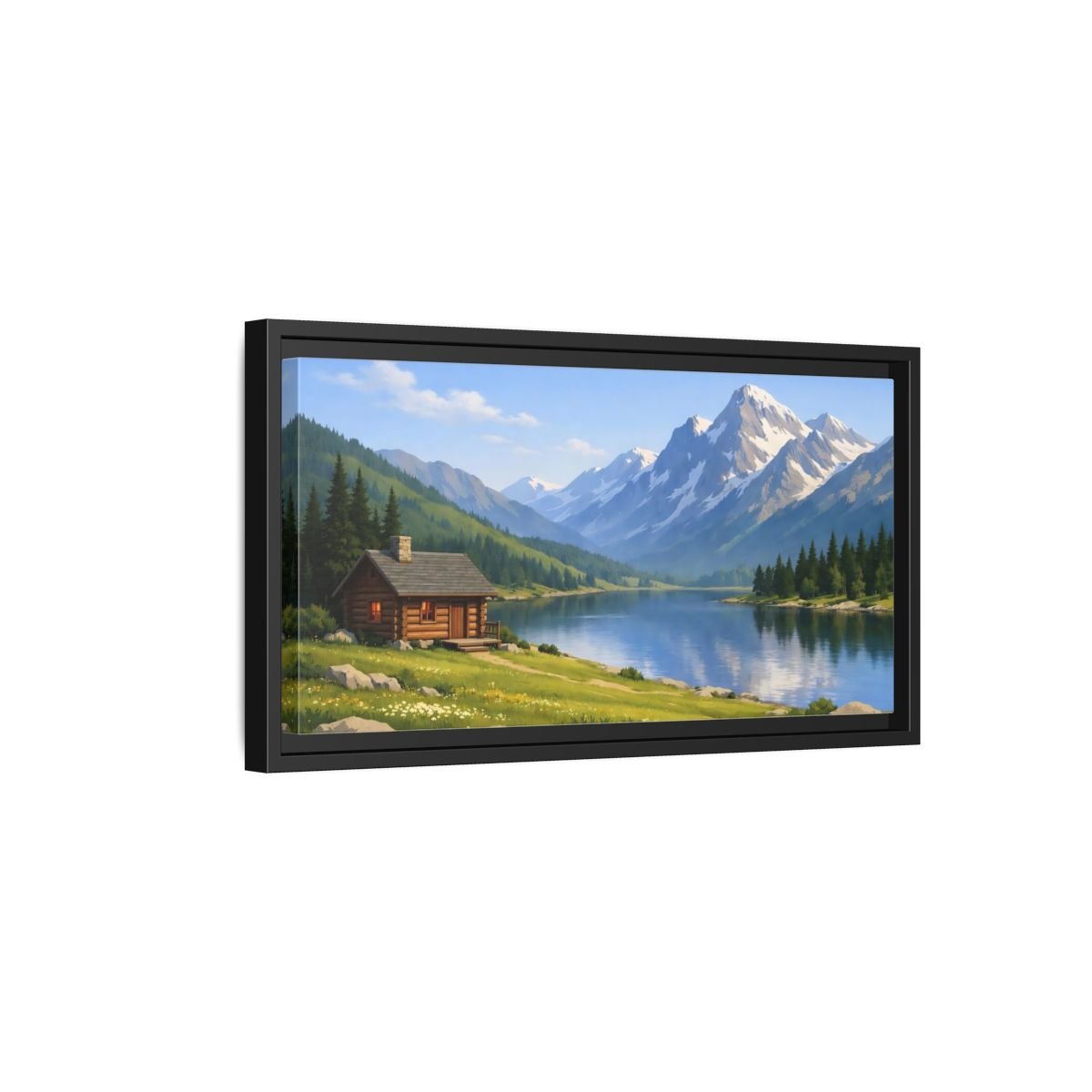 Landscape Nature Mountain Lake Cabin - Framed Canvas Wall Art Print - YesArtYes