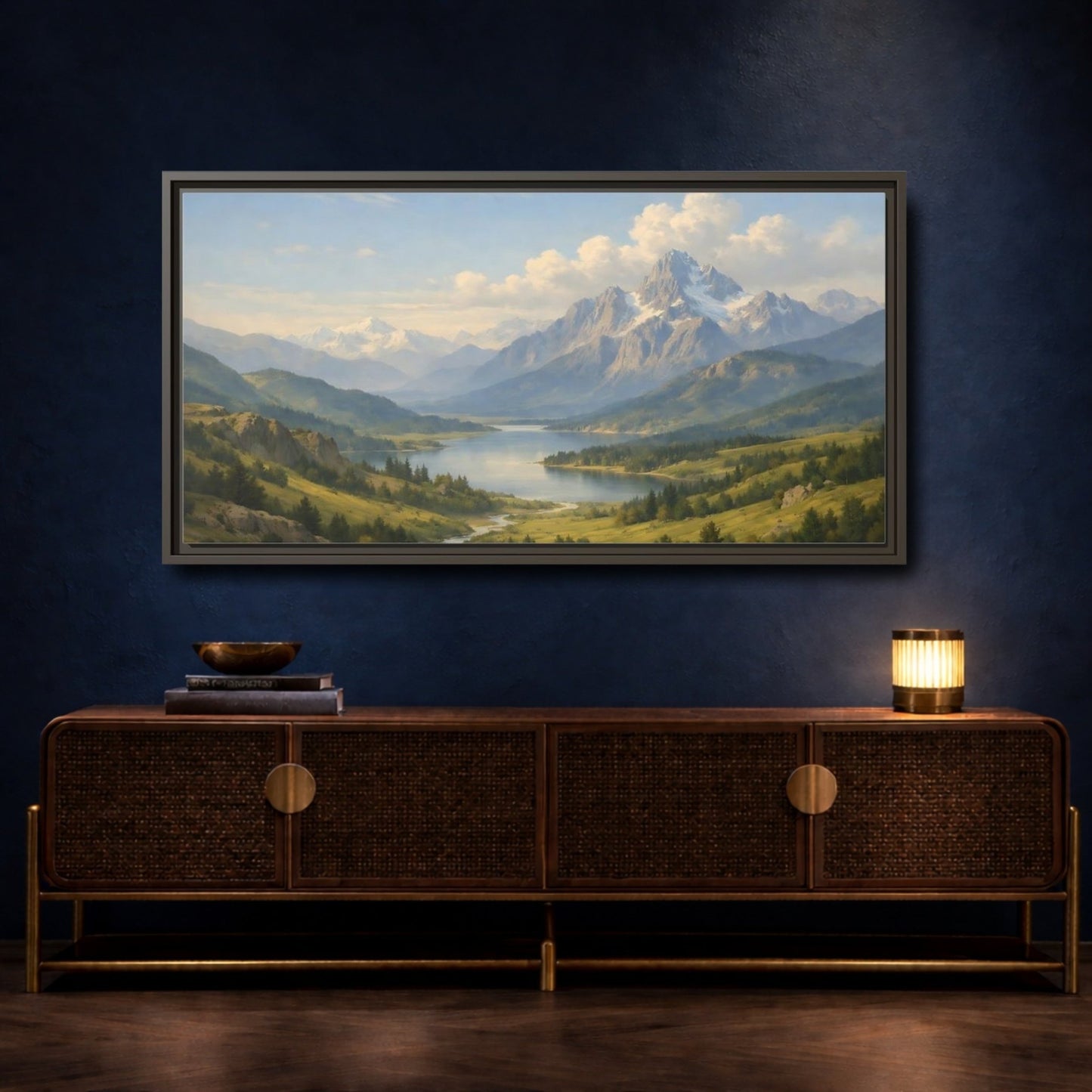 Landscape Nature Mountain Lake Green And - Framed Canvas Wall Art Print - YesArtYes