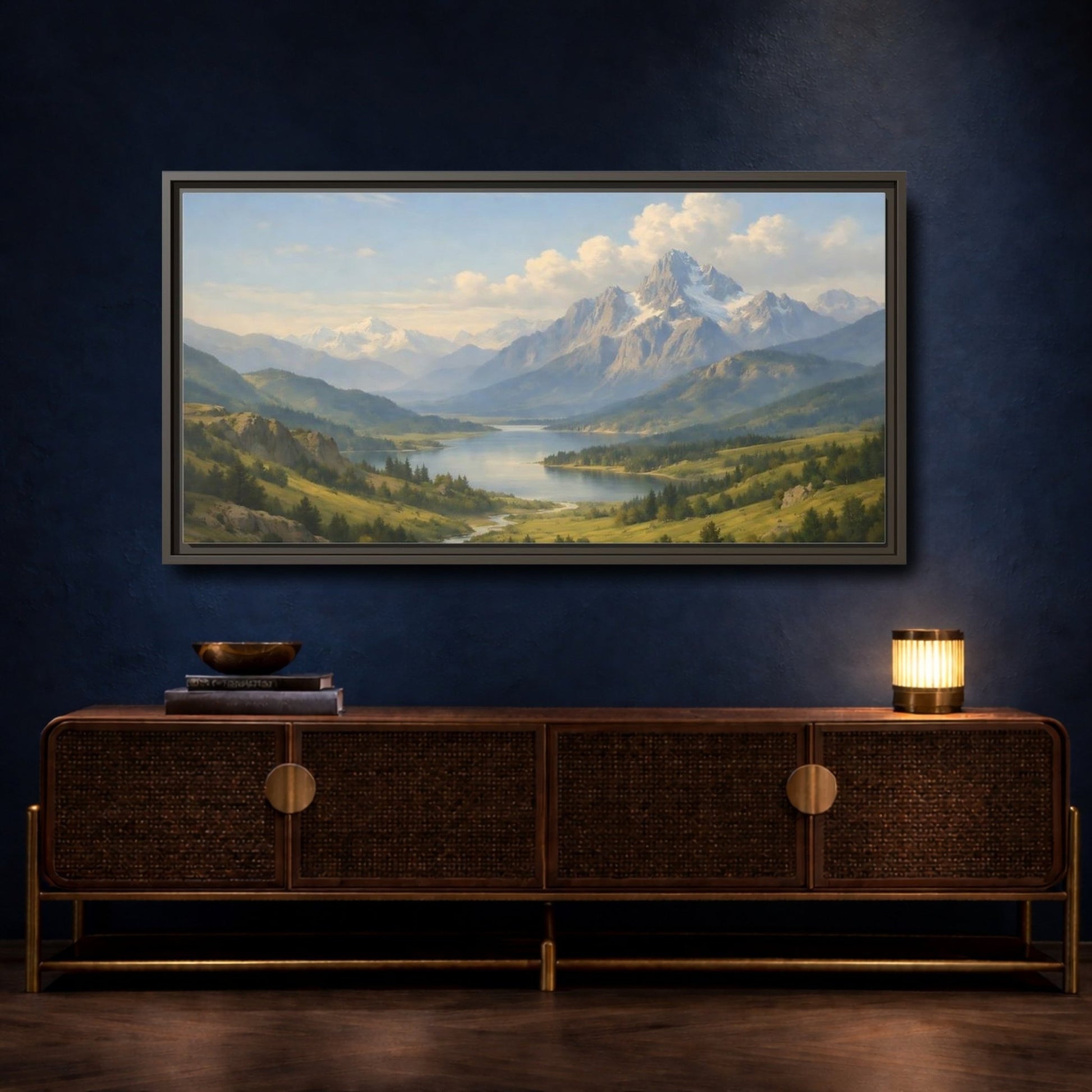 Landscape Nature Mountain Lake Green And - Framed Canvas Wall Art Print - YesArtYes