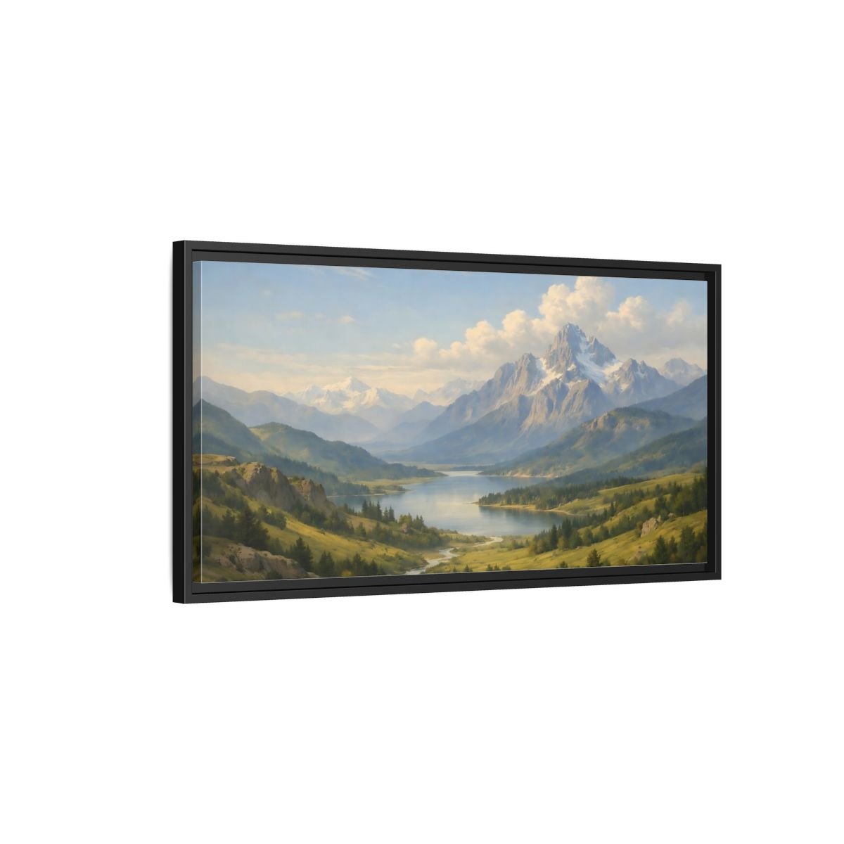 Landscape Nature Mountain Lake Green And - Framed Canvas Wall Art Print - YesArtYes