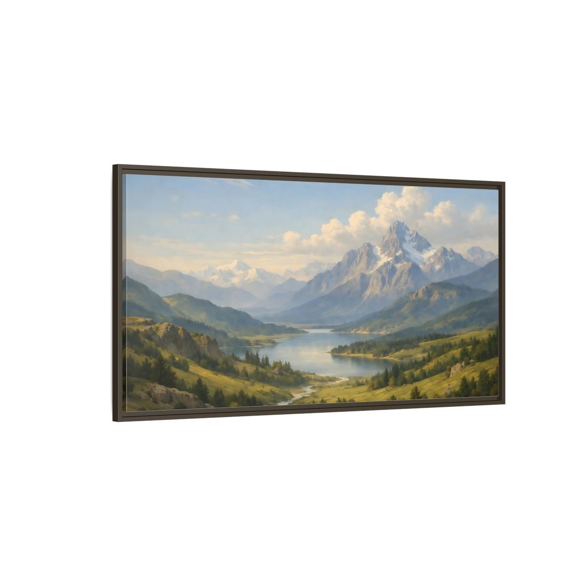 Landscape Nature Mountain Lake Green And - Framed Canvas Wall Art Print - YesArtYes
