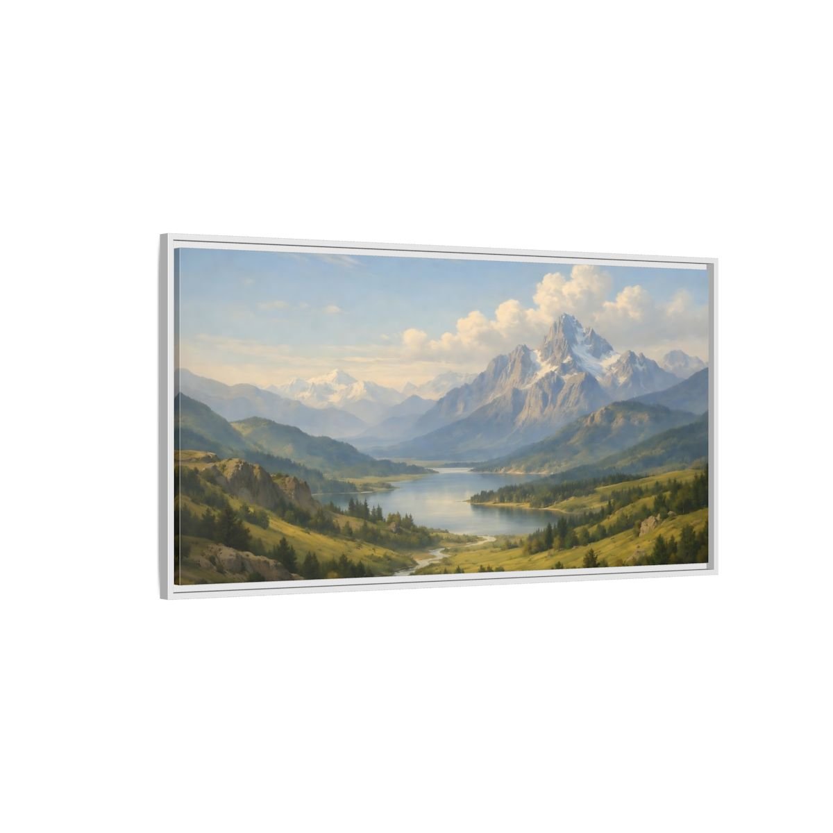 Landscape Nature Mountain Lake Green And - Framed Canvas Wall Art Print - YesArtYes