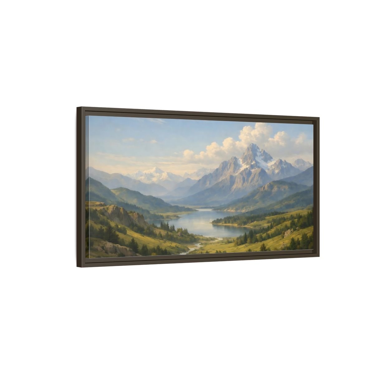 Landscape Nature Mountain Lake Green And - Framed Canvas Wall Art Print - YesArtYes