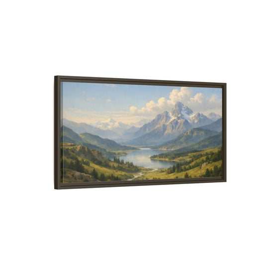 Landscape Nature Mountain Lake Green And - Framed Canvas Wall Art Print - YesArtYes