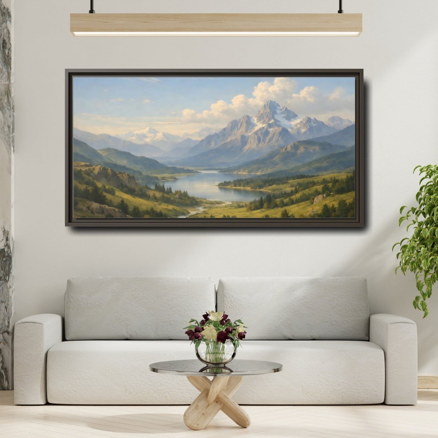 Landscape Nature Mountain Lake Green And - Framed Canvas Wall Art Print - YesArtYes