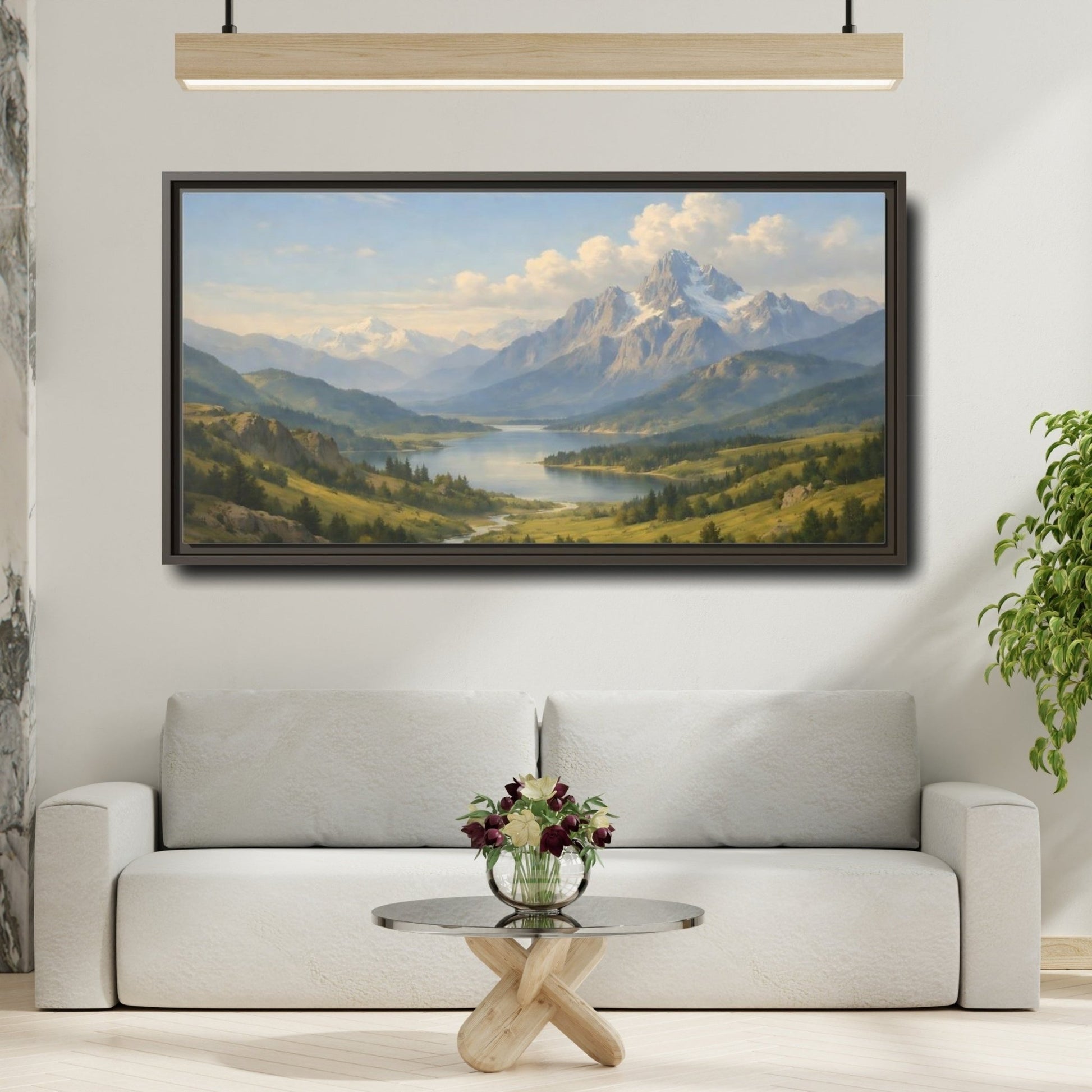 Landscape Nature Mountain Lake Green And - Framed Canvas Wall Art Print - YesArtYes