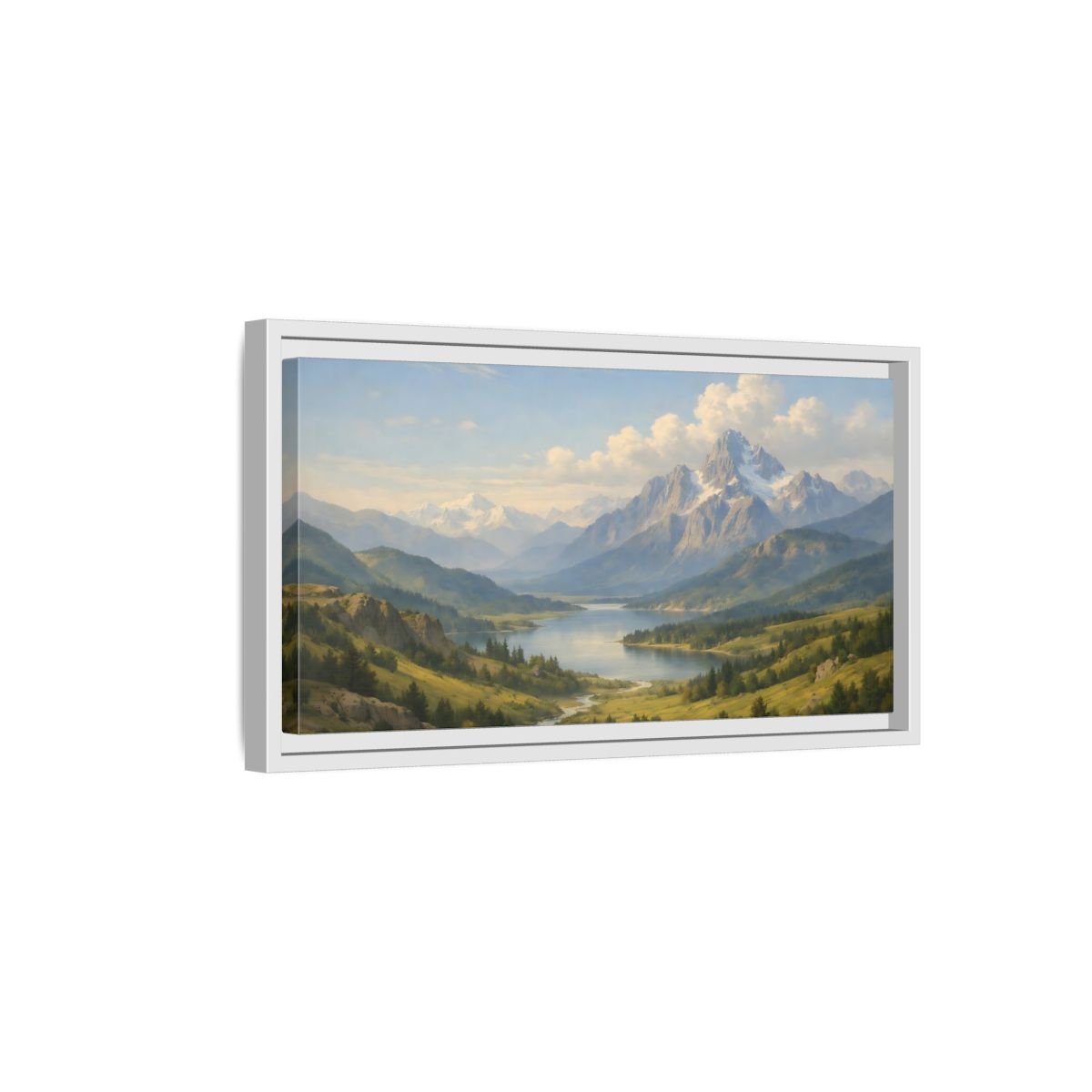 Landscape Nature Mountain Lake Green And - Framed Canvas Wall Art Print - YesArtYes