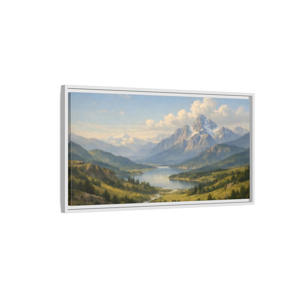 Landscape Nature Mountain Lake Green And - Framed Canvas Wall Art Print - YesArtYes