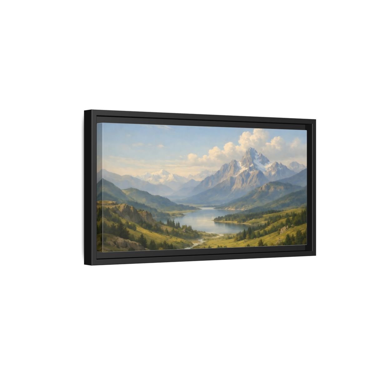 Landscape Nature Mountain Lake Green And - Framed Canvas Wall Art Print - YesArtYes