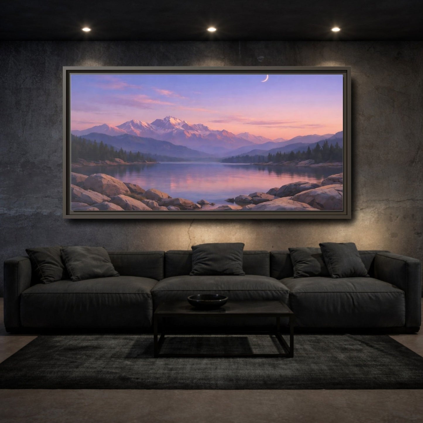 Landscape Nature Mountain Lake Pink And - Framed Canvas Wall Art Print - YesArtYes