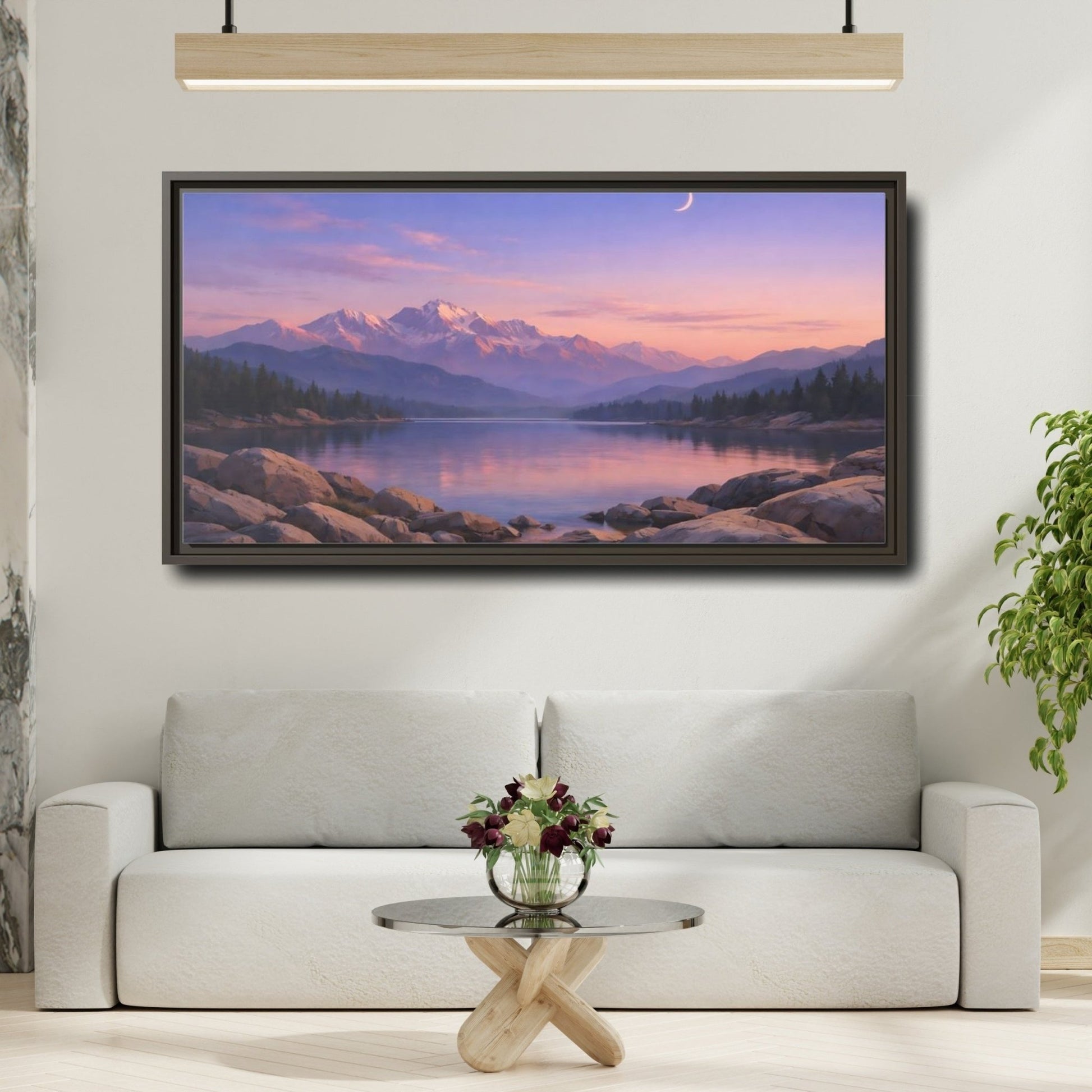 Landscape Nature Mountain Lake Pink And - Framed Canvas Wall Art Print - YesArtYes