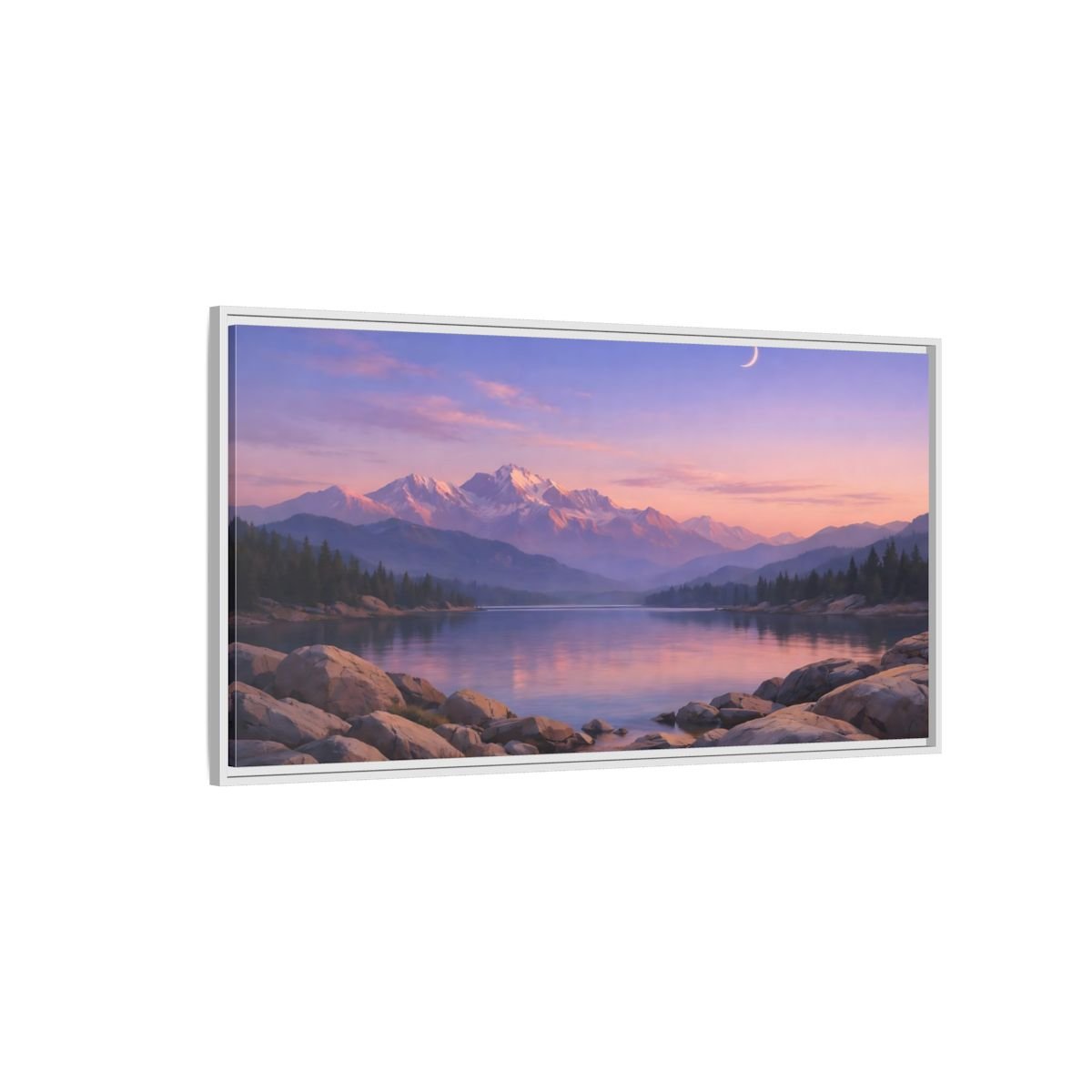 Landscape Nature Mountain Lake Pink And - Framed Canvas Wall Art Print - YesArtYes