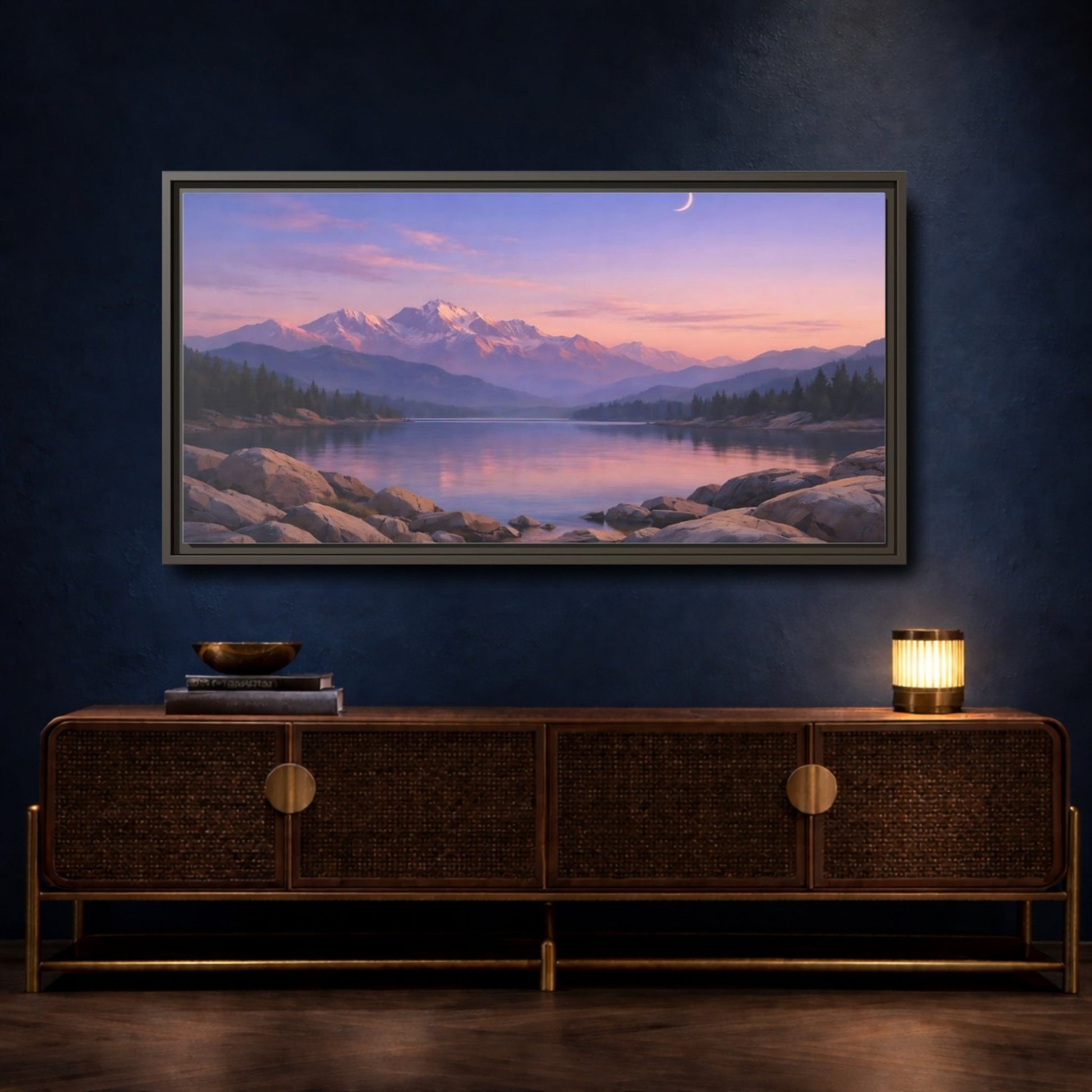 Landscape Nature Mountain Lake Pink And - Framed Canvas Wall Art Print - YesArtYes