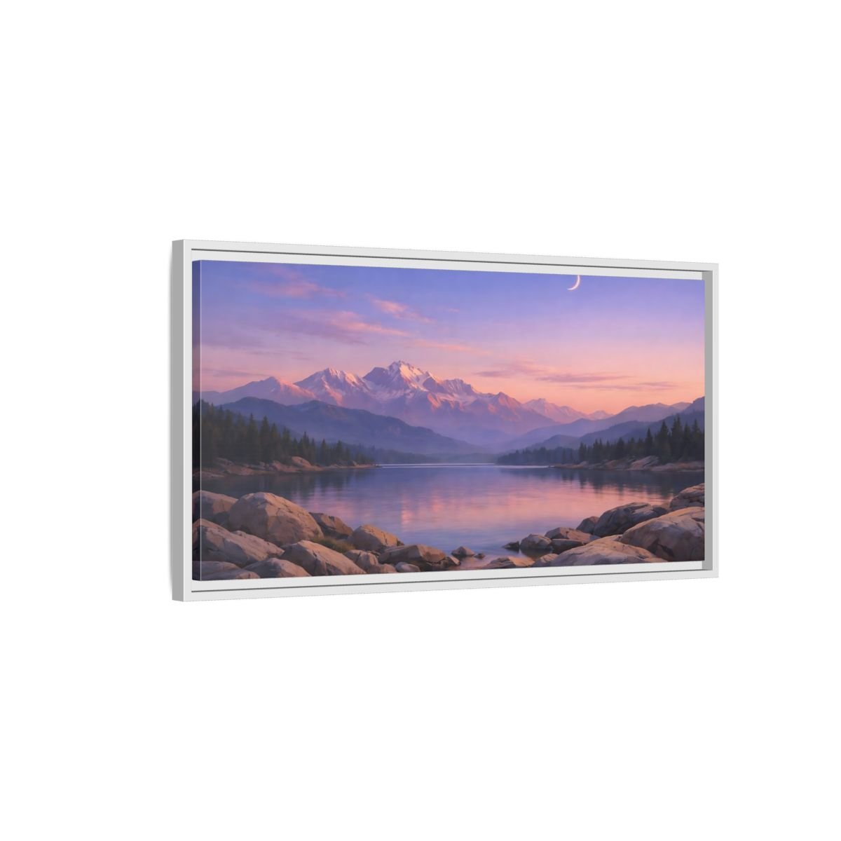 Landscape Nature Mountain Lake Pink And - Framed Canvas Wall Art Print - YesArtYes