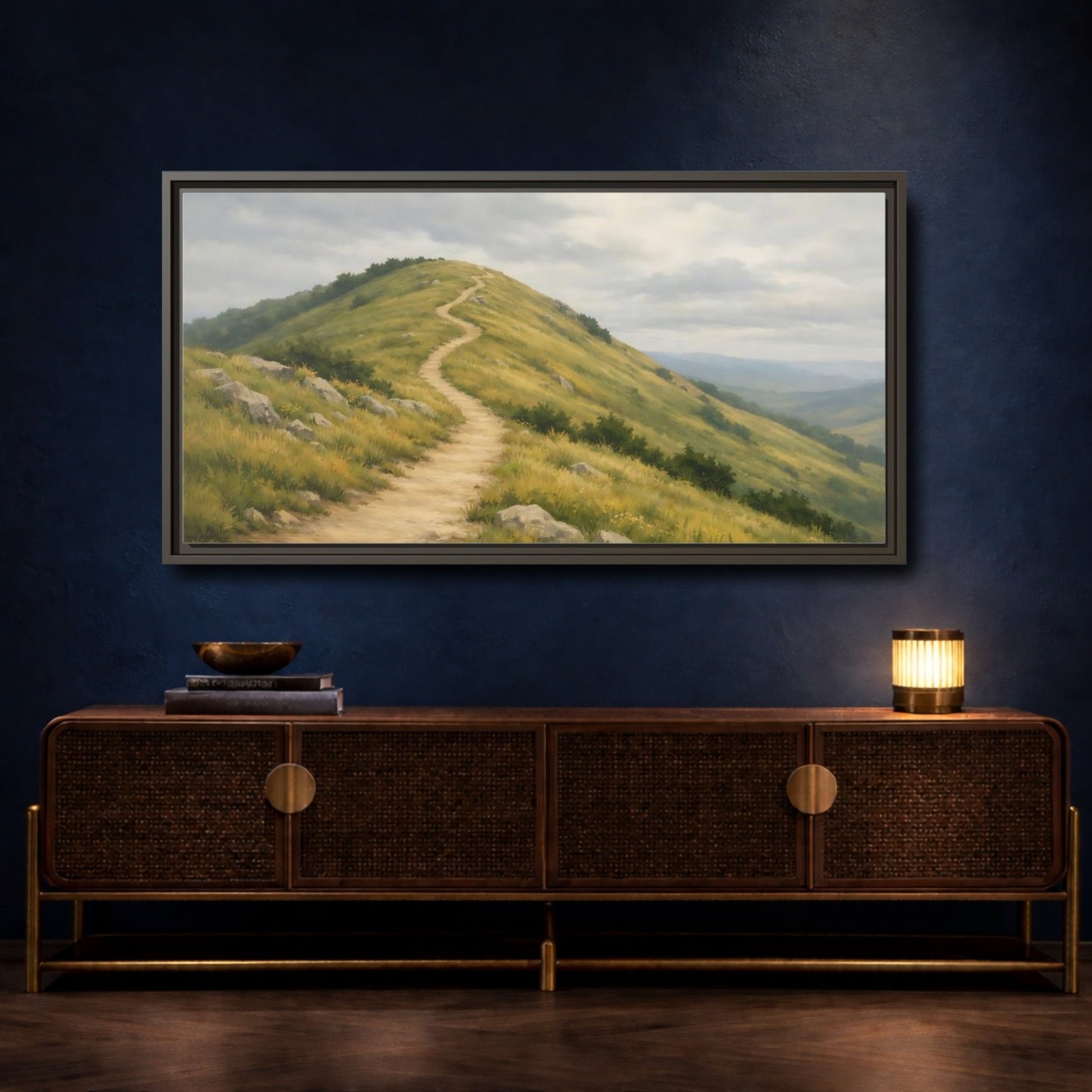 Landscape Nature Mountain Path Green And - Framed Canvas Wall Art Print - YesArtYes