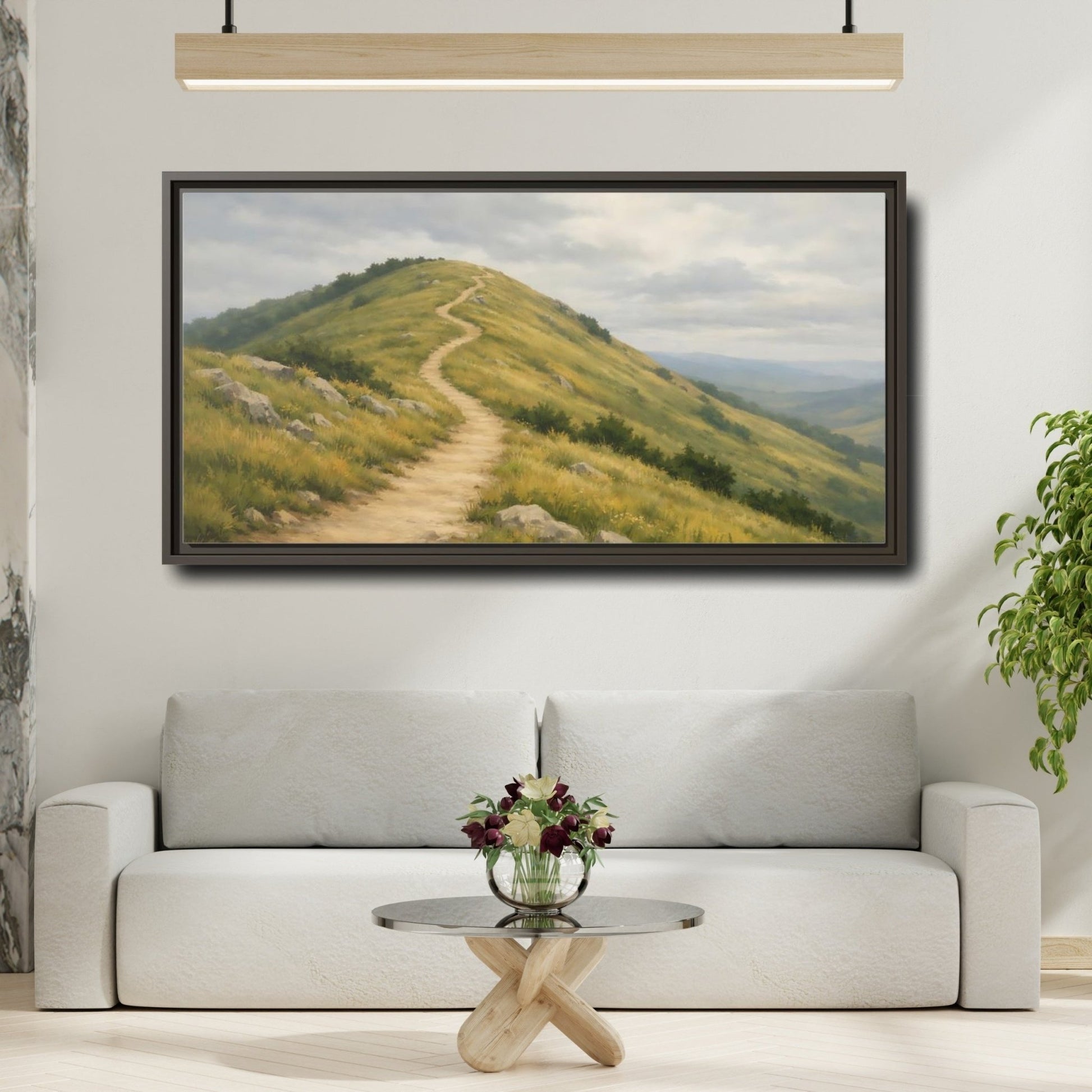 Landscape Nature Mountain Path Green And - Framed Canvas Wall Art Print - YesArtYes