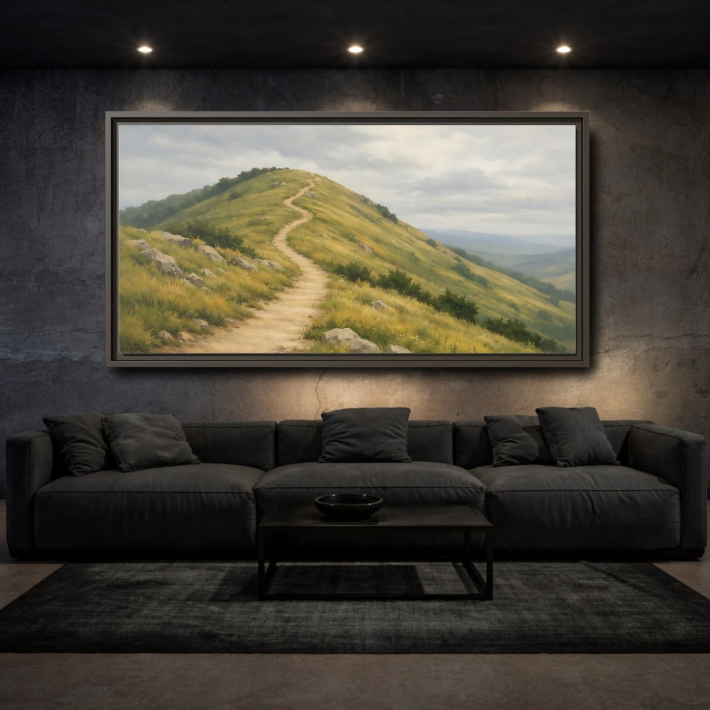 Landscape Nature Mountain Path Green And - Framed Canvas Wall Art Print - YesArtYes