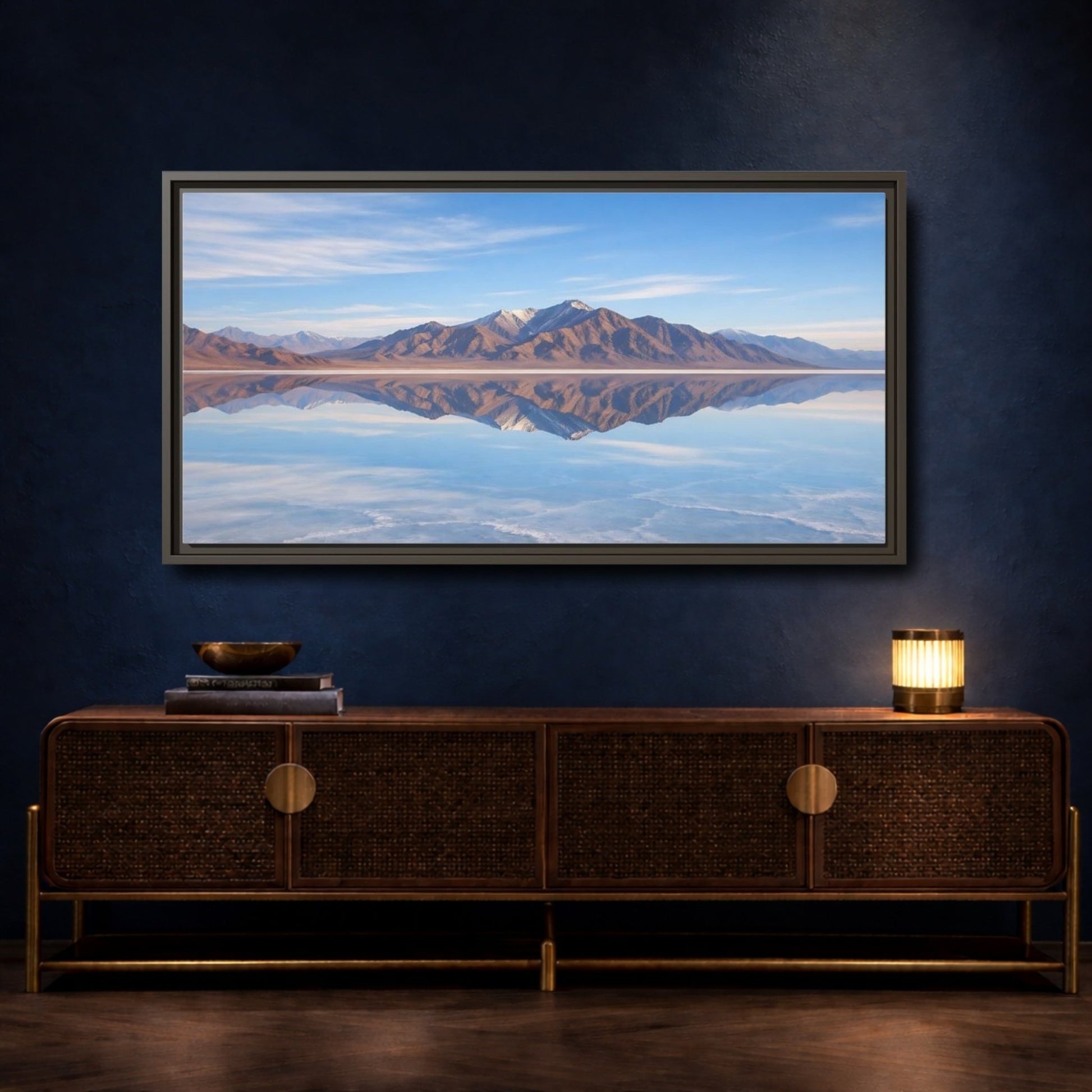 Landscape Nature Mountain Reflection Blue And - Framed Canvas Wall Art Print - YesArtYes