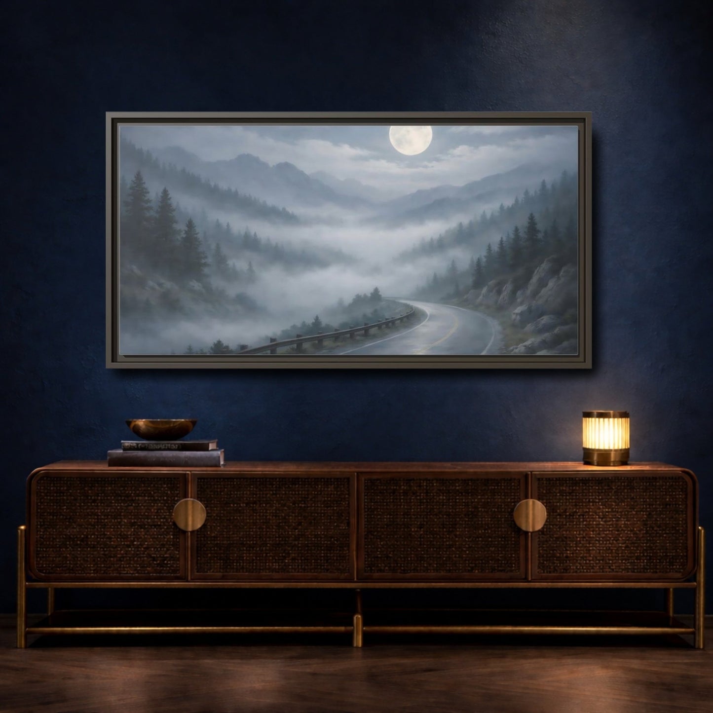 Landscape Nature Mountain Road Misty - Framed Canvas Wall Art Print - YesArtYes