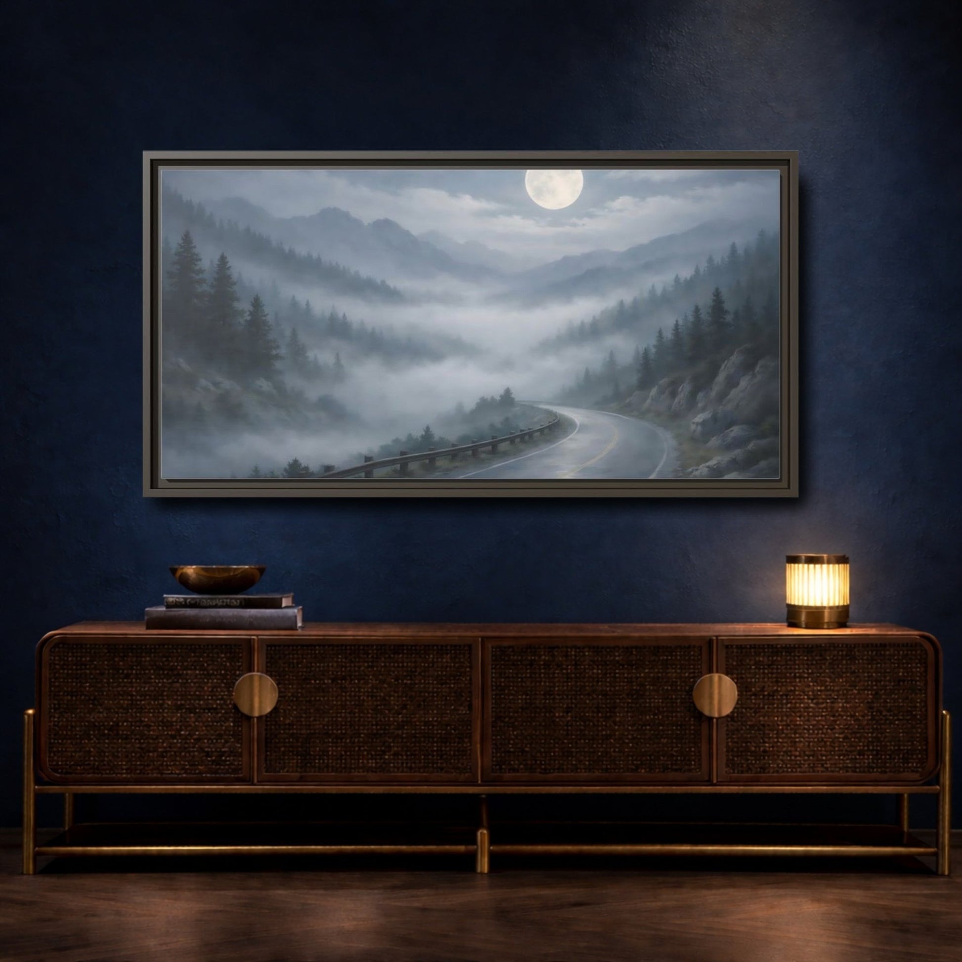 Landscape Nature Mountain Road Misty - Framed Canvas Wall Art Print - YesArtYes