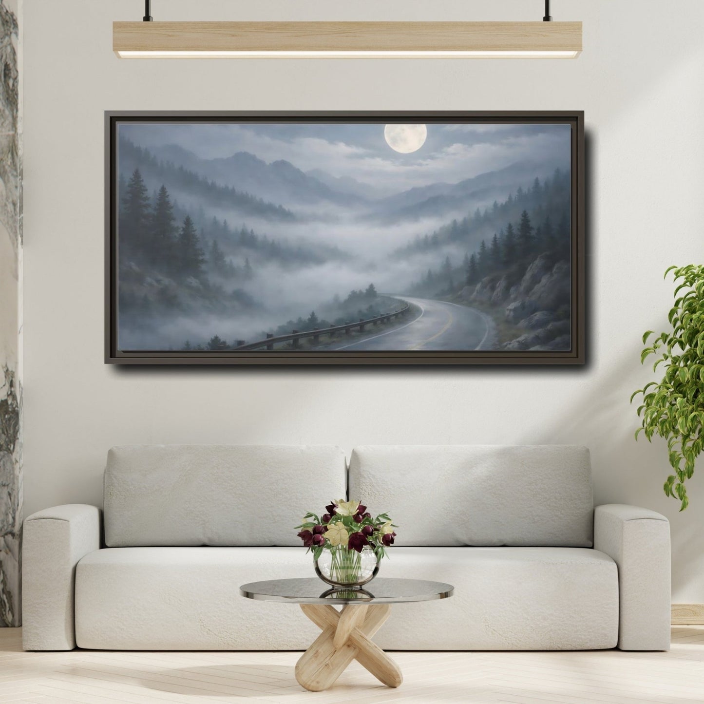 Landscape Nature Mountain Road Misty - Framed Canvas Wall Art Print - YesArtYes