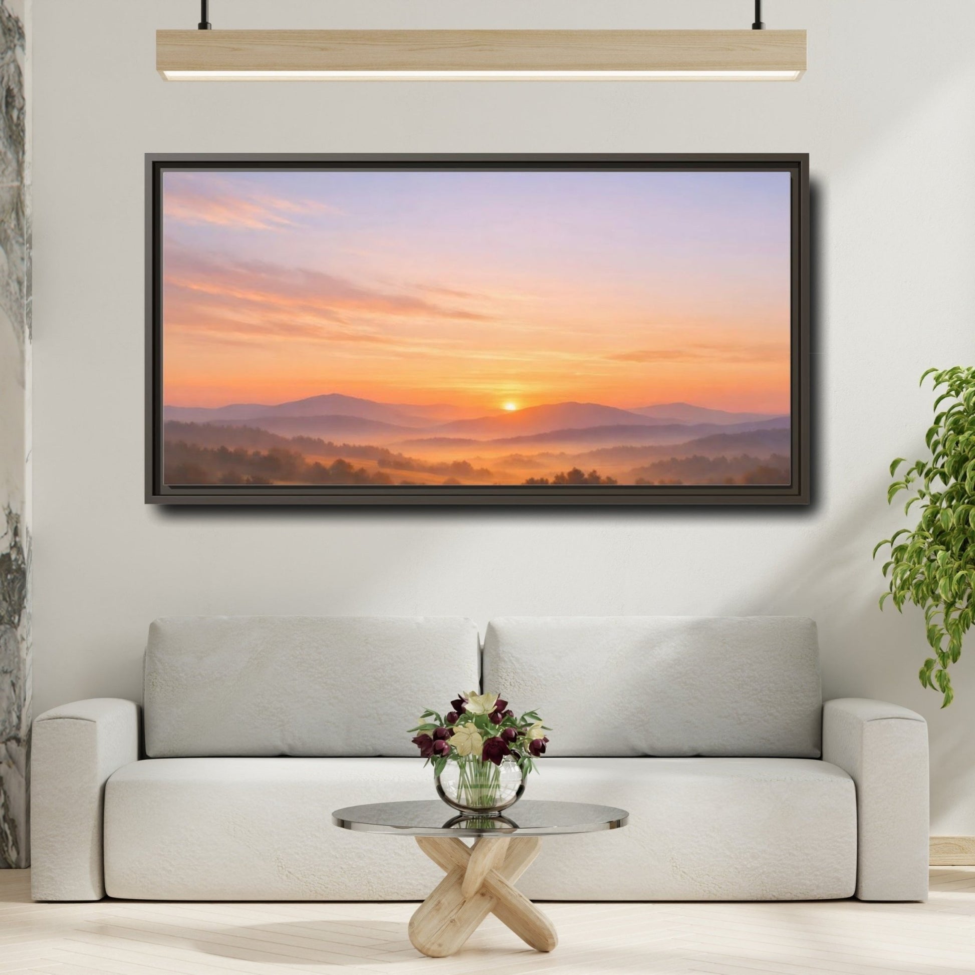 Landscape Nature Mountain Sunrise Orange Purple - Framed Canvas Wall Art Print - YesArtYes