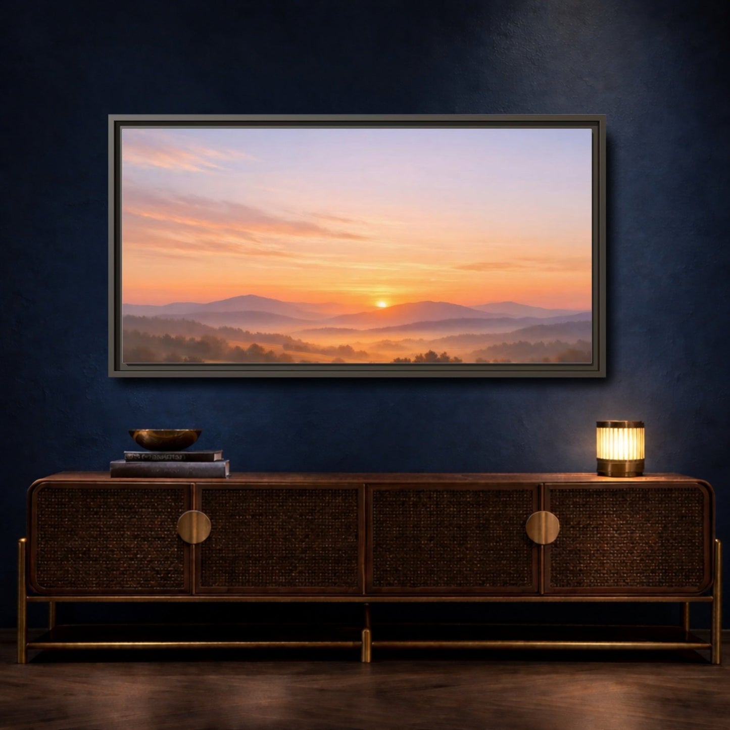 Landscape Nature Mountain Sunrise Orange Purple - Framed Canvas Wall Art Print - YesArtYes