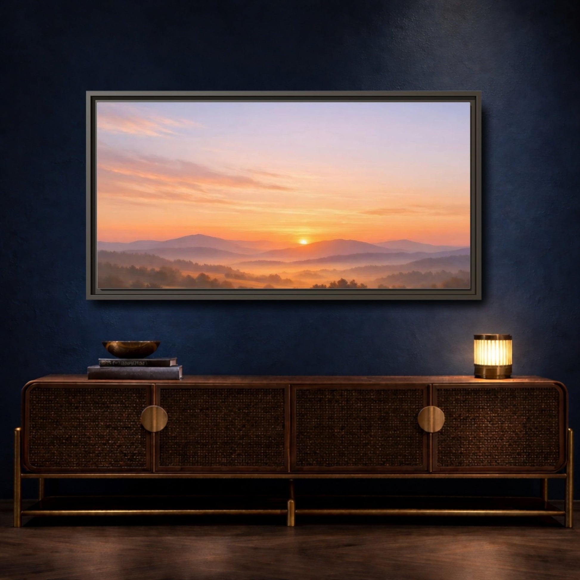 Landscape Nature Mountain Sunrise Orange Purple - Framed Canvas Wall Art Print - YesArtYes