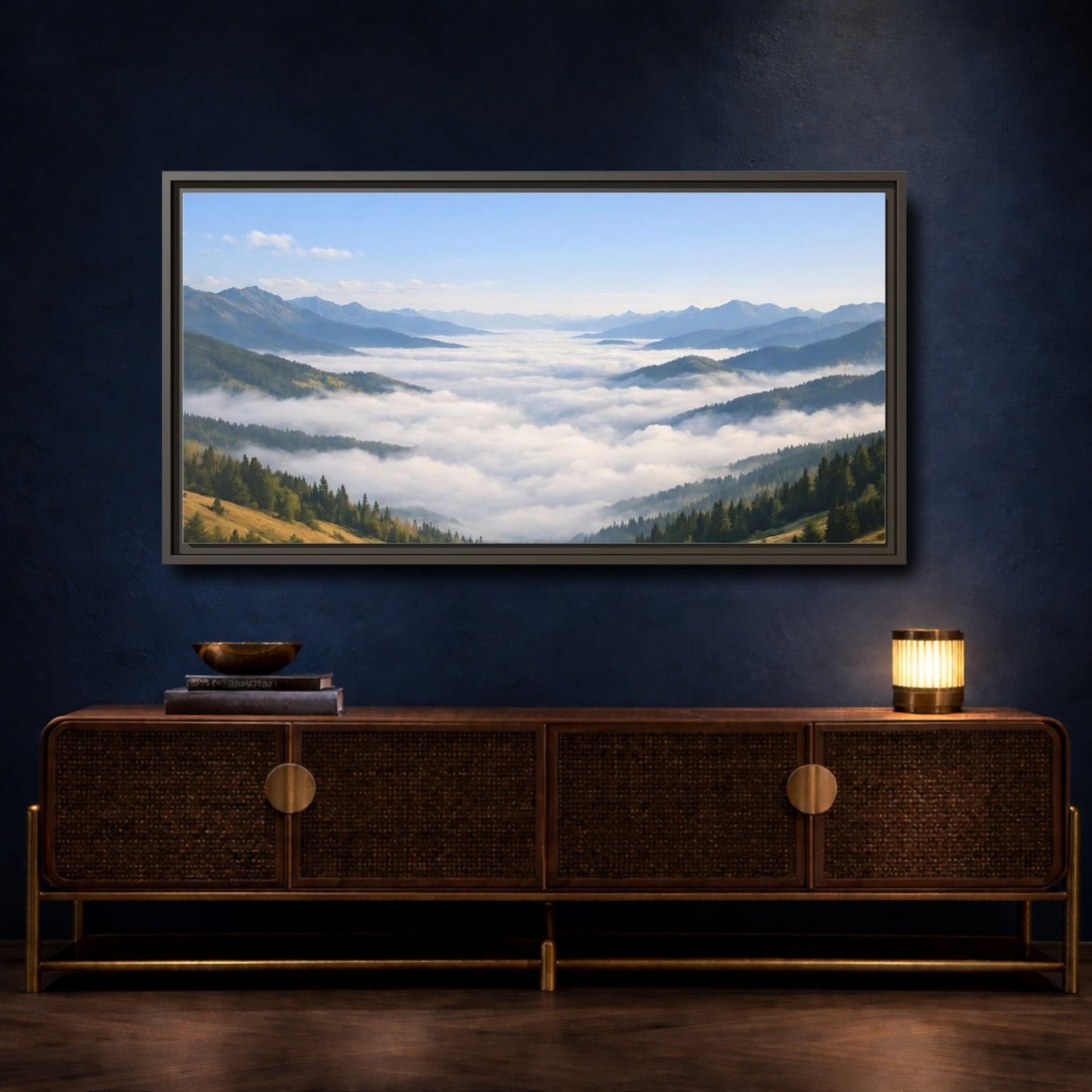 Landscape Nature Mountain Valley Blue And - Framed Canvas Wall Art Print - YesArtYes