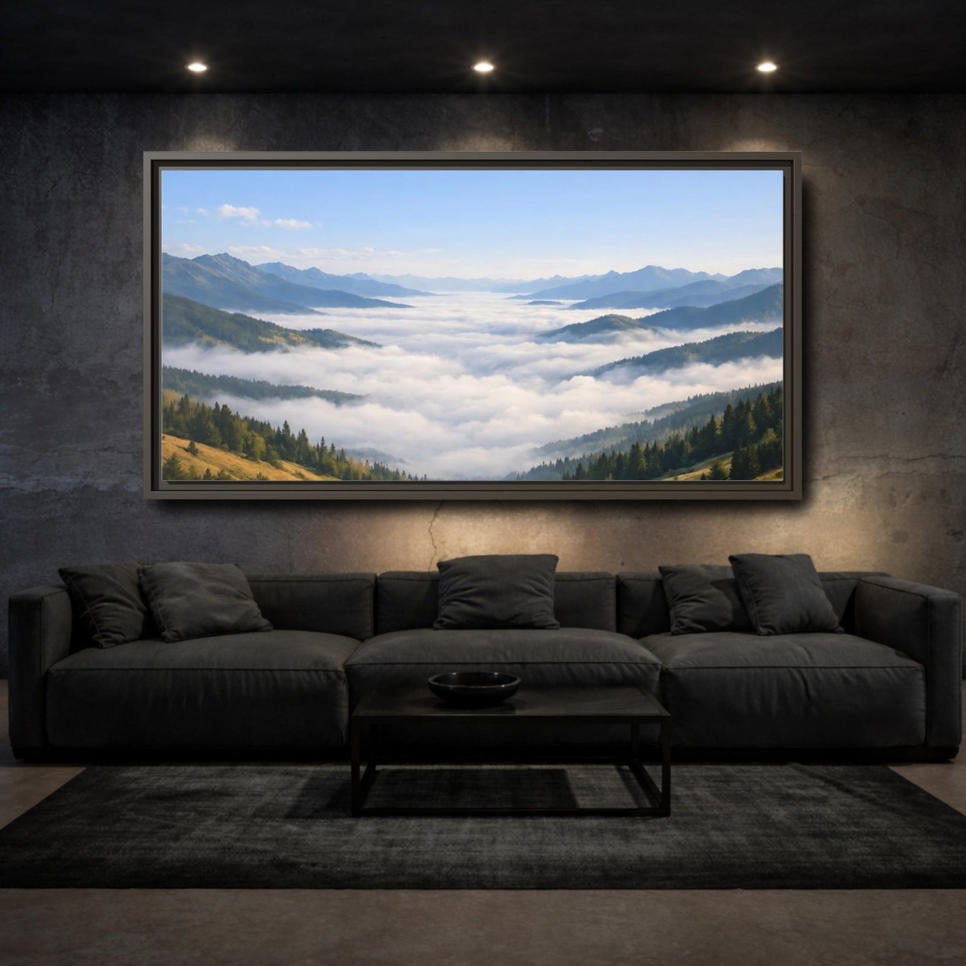 Landscape Nature Mountain Valley Blue And - Framed Canvas Wall Art Print - YesArtYes